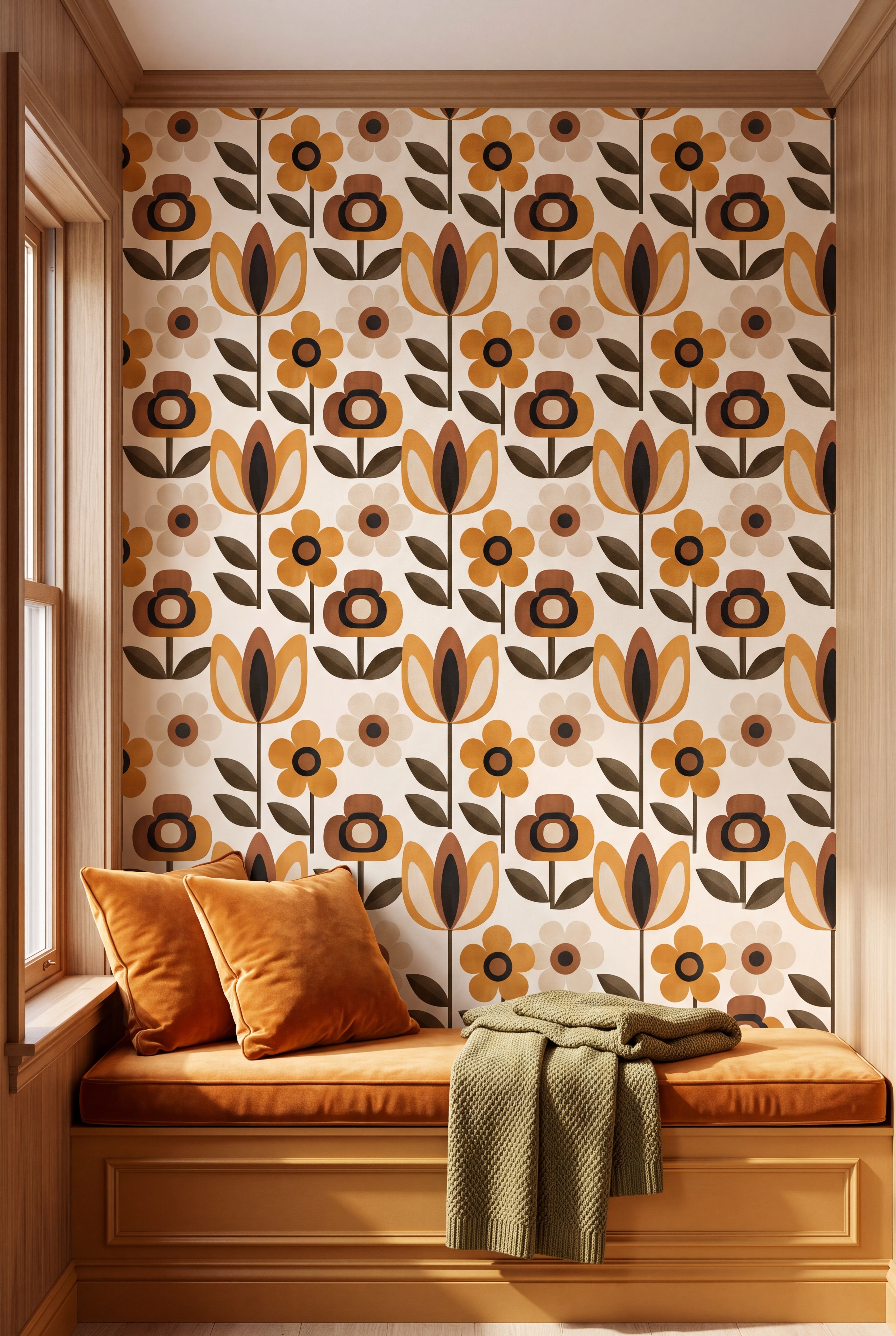 Marigold Daisy wallpaper shown in a window seat alcove