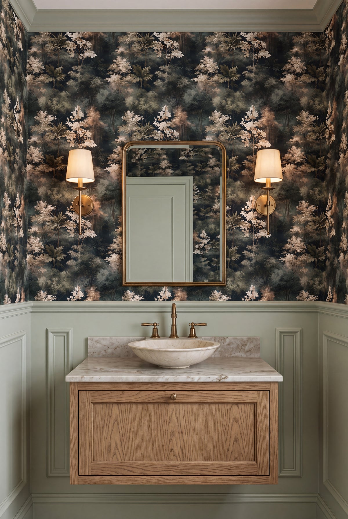 Misted Grove wallpaper shown in a powder room