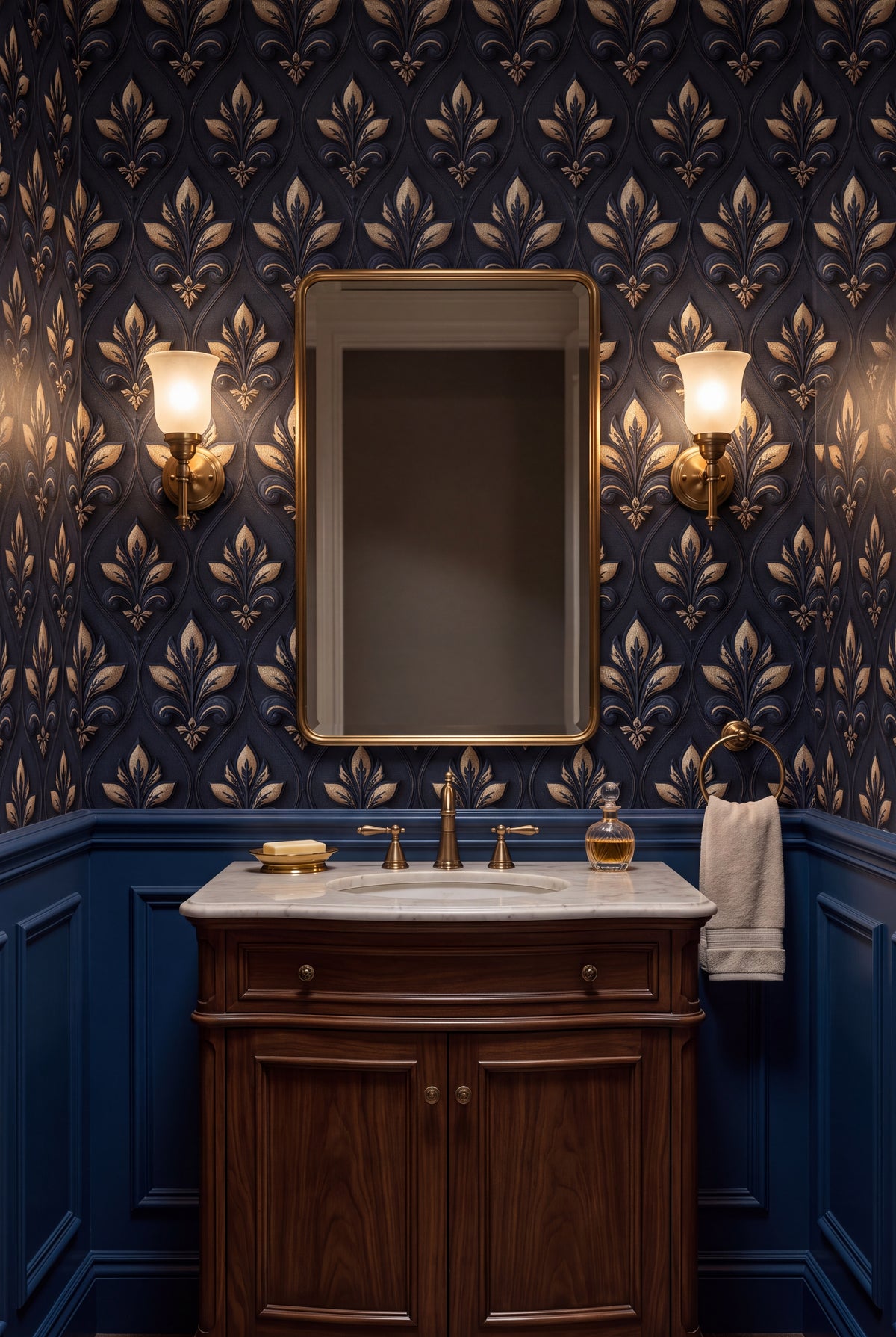 Sapphire Fleur wallpaper shown in a powder room