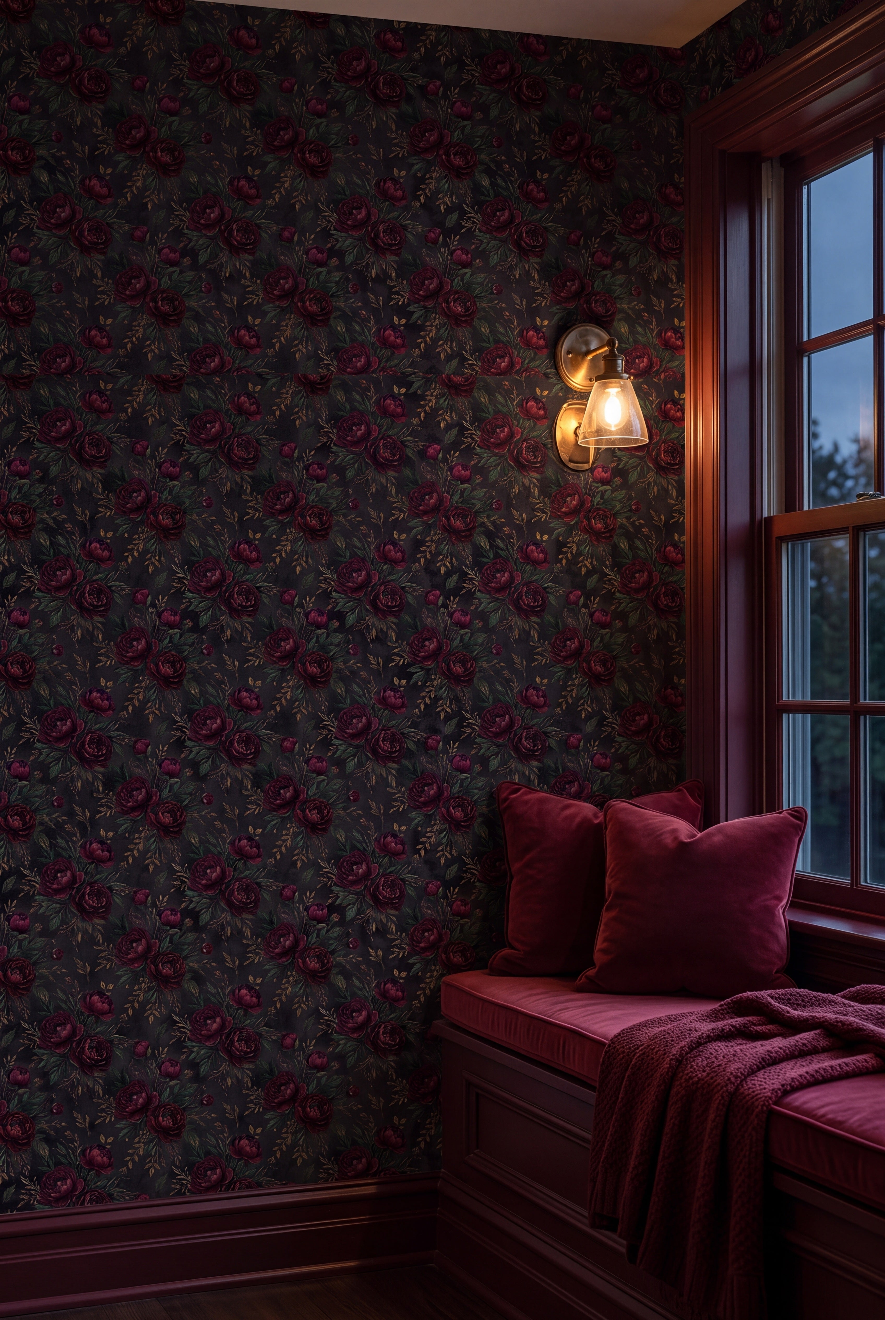 Garnet Peony wallpaper shown in a window seat alcove