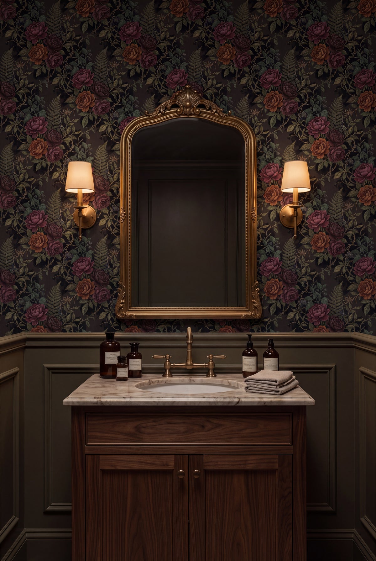 Ember Rose Fern wallpaper shown in a powder room