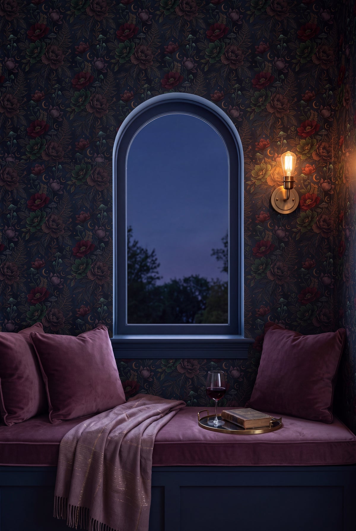 Moonlit Thicket wallpaper shown in a window seat alcove