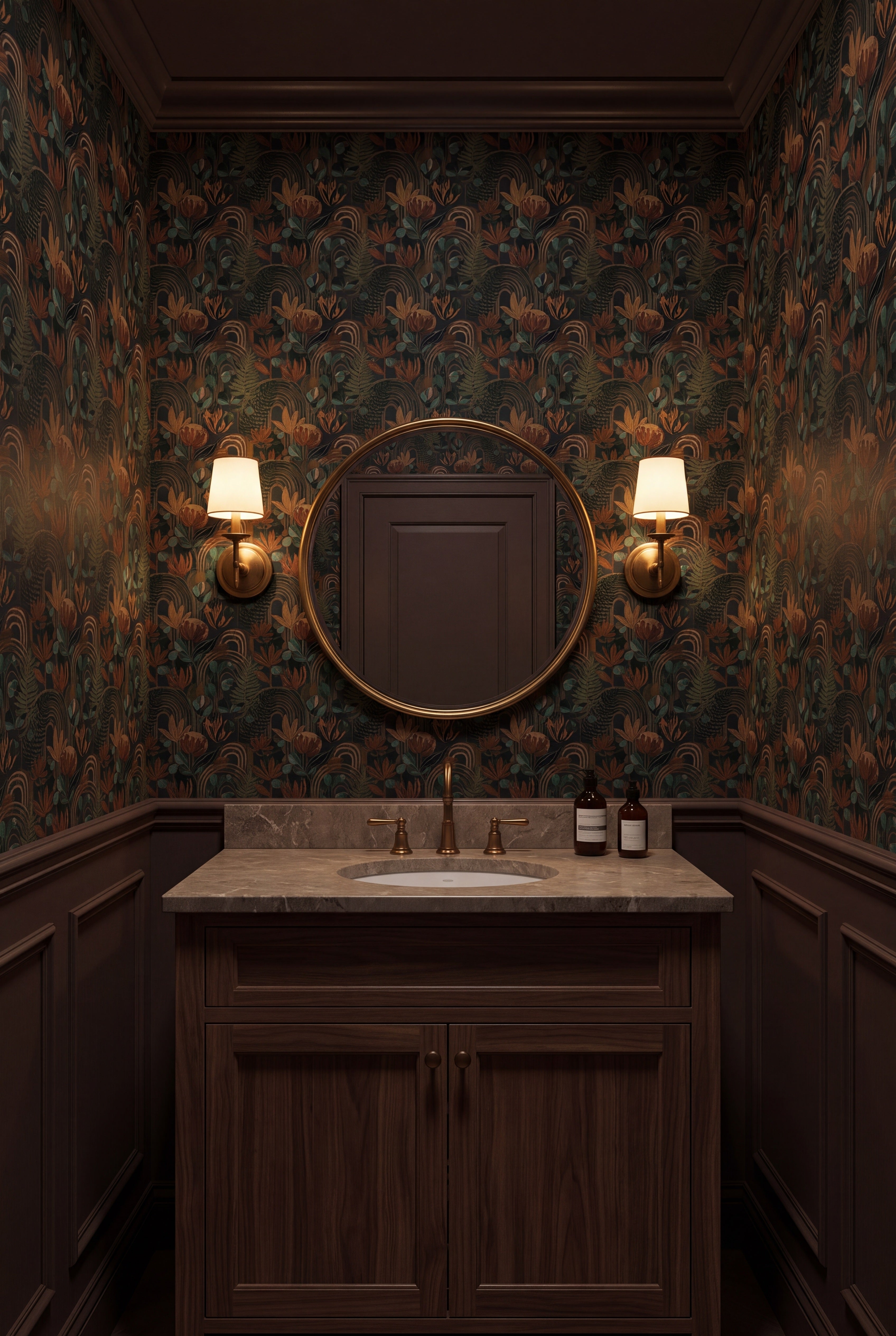 Umber Arbor wallpaper shown in a powder room