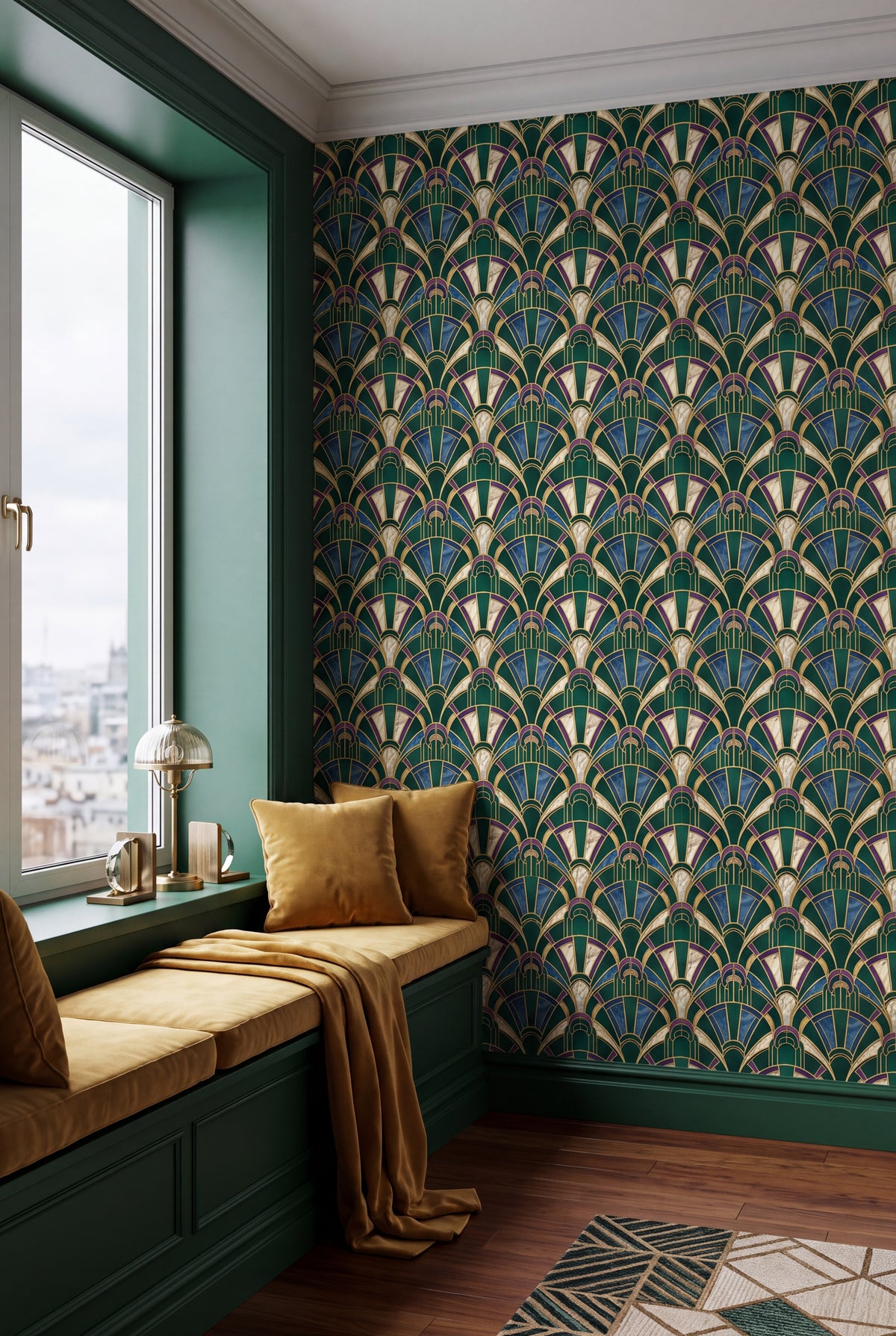 Emerald Deco Fan wallpaper shown in a window seat alcove