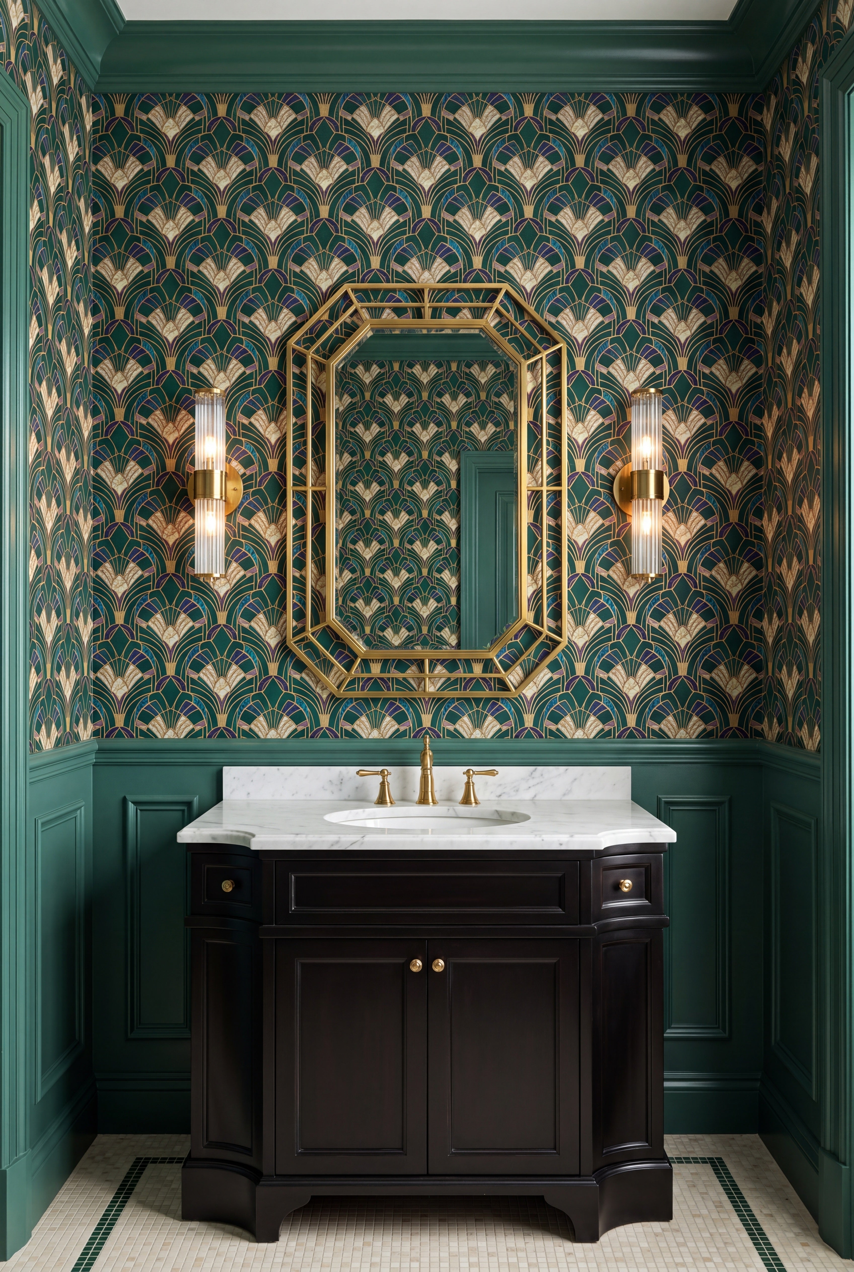 Jade Deco Fan wallpaper shown in a powder room