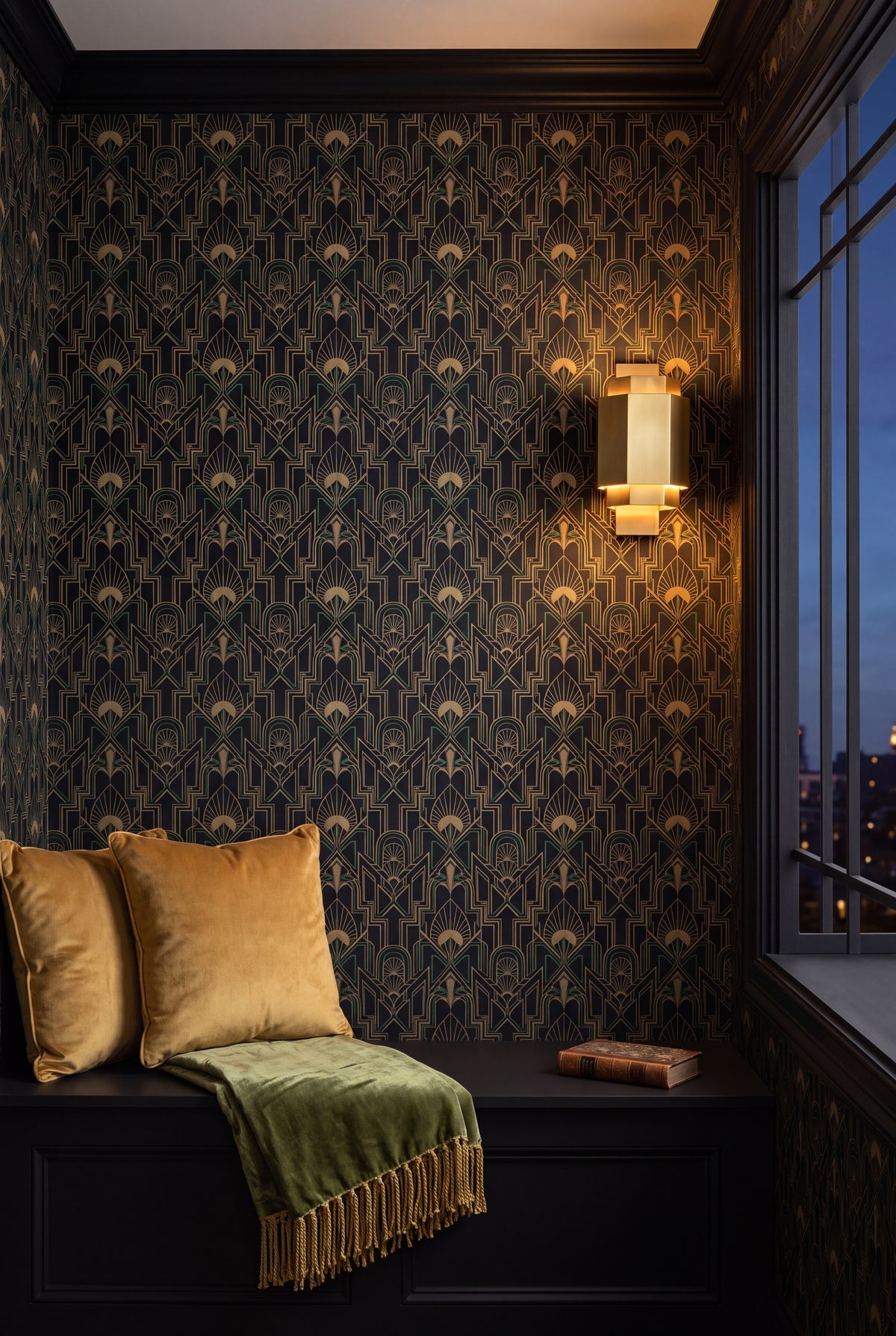 Gilt Nocturne wallpaper shown in a window seat alcove