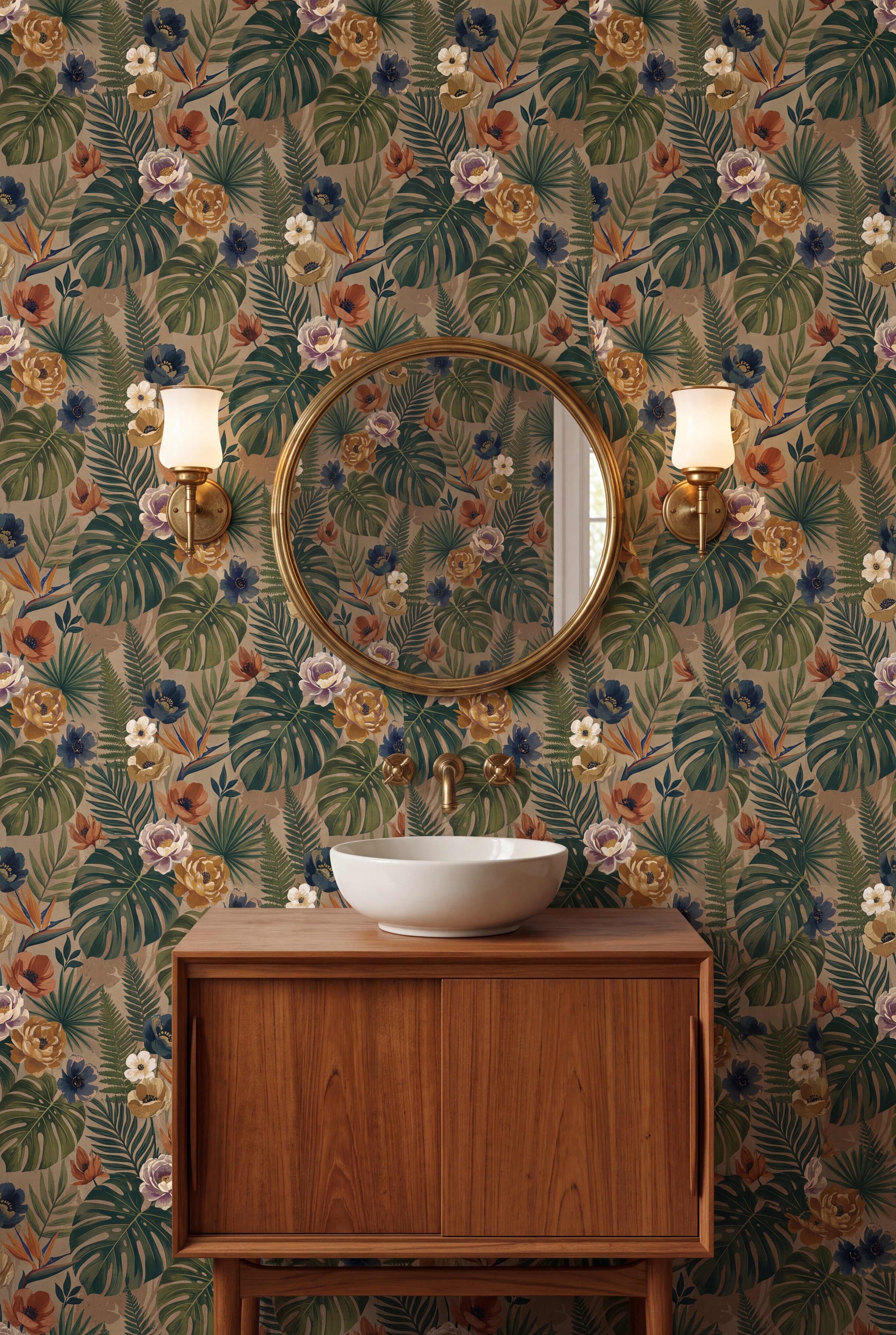 Taupe Tropic wallpaper shown in a powder room