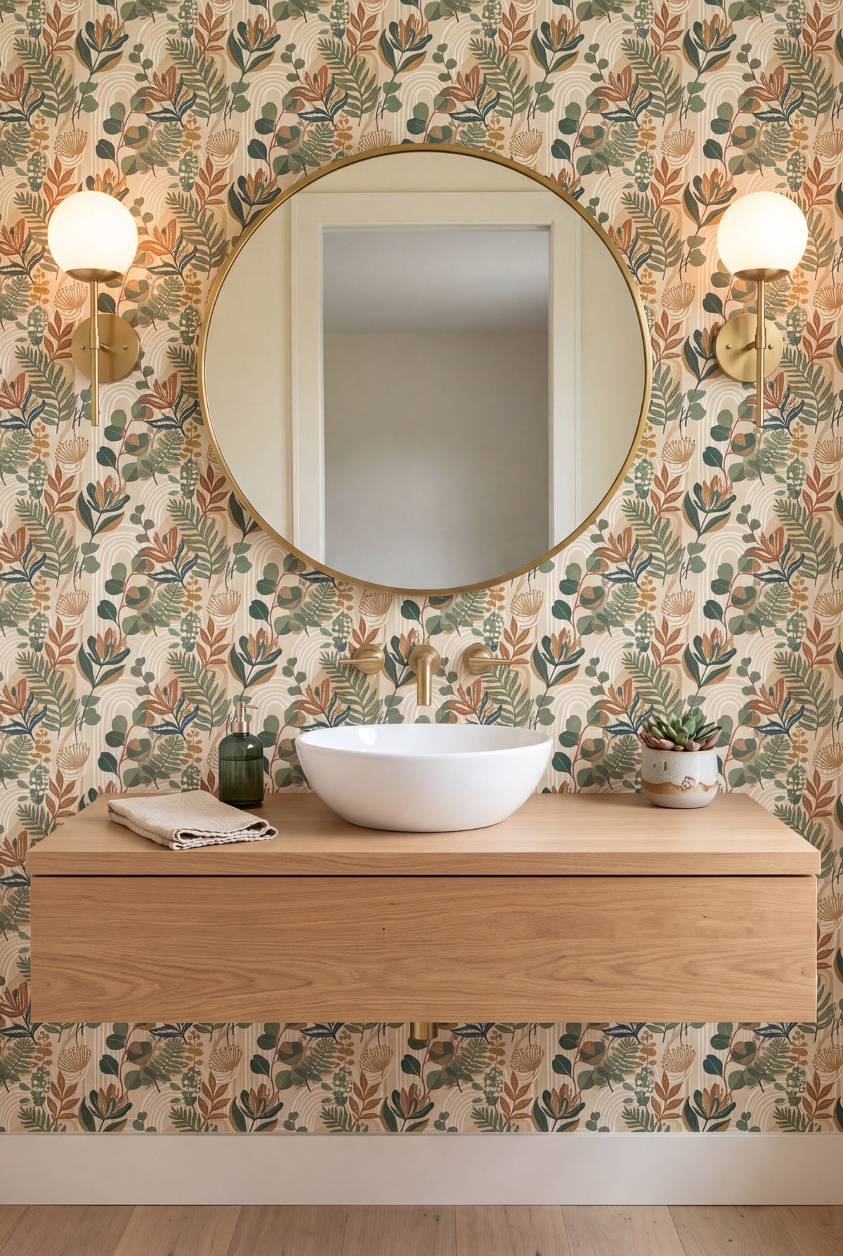Sage Sprig wallpaper shown in a powder room