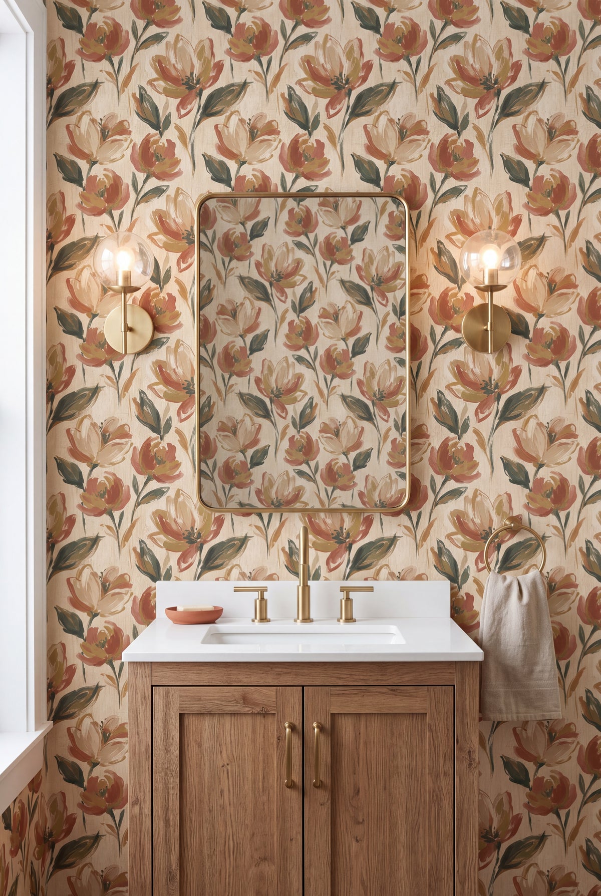 Magnolia Study wallpaper shown in a powder room