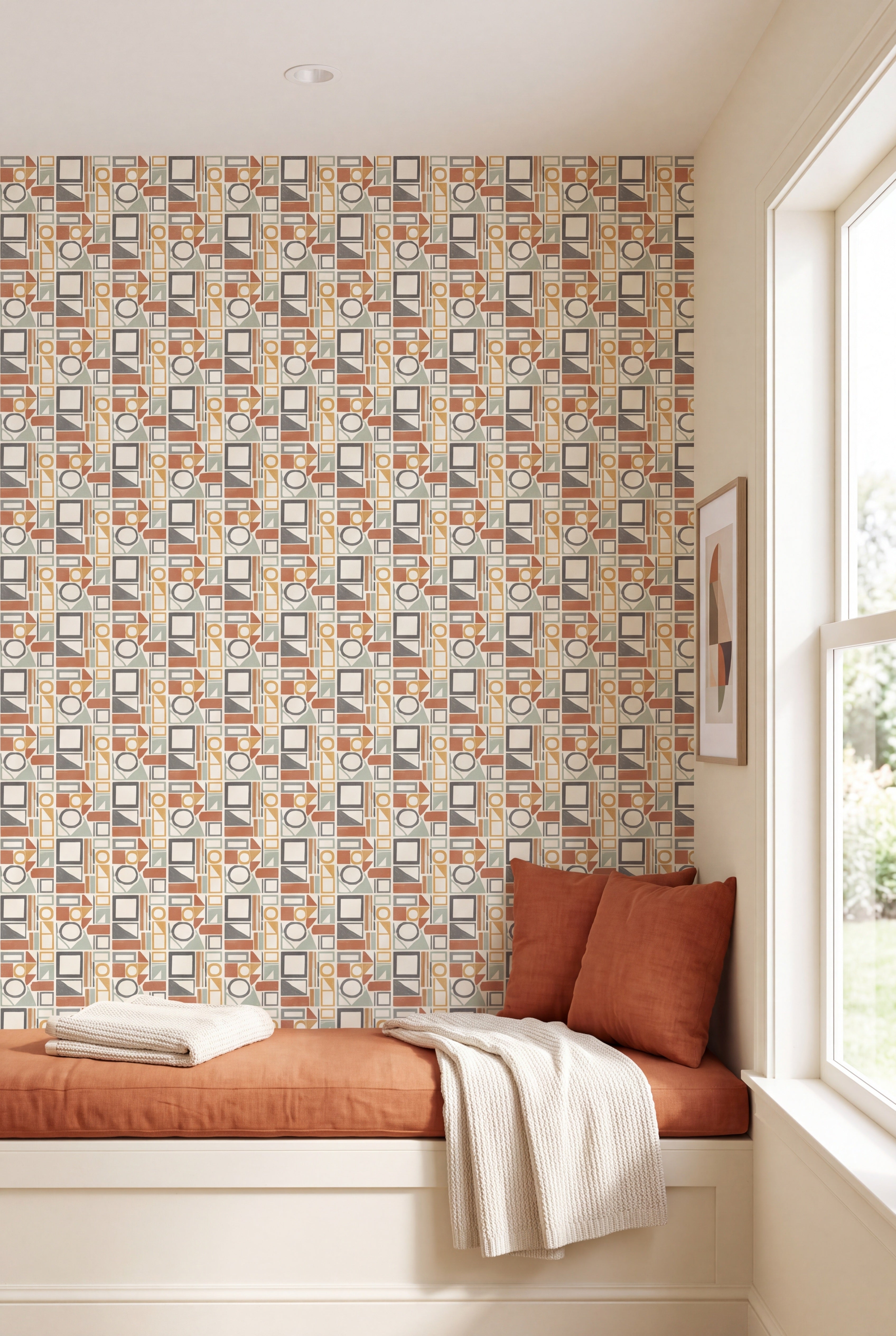 Blockwork wallpaper shown in a window seat alcove