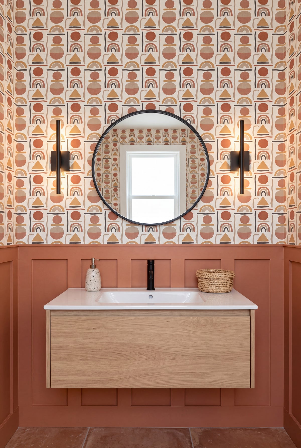 Terracotta Arch wallpaper shown in a powder room