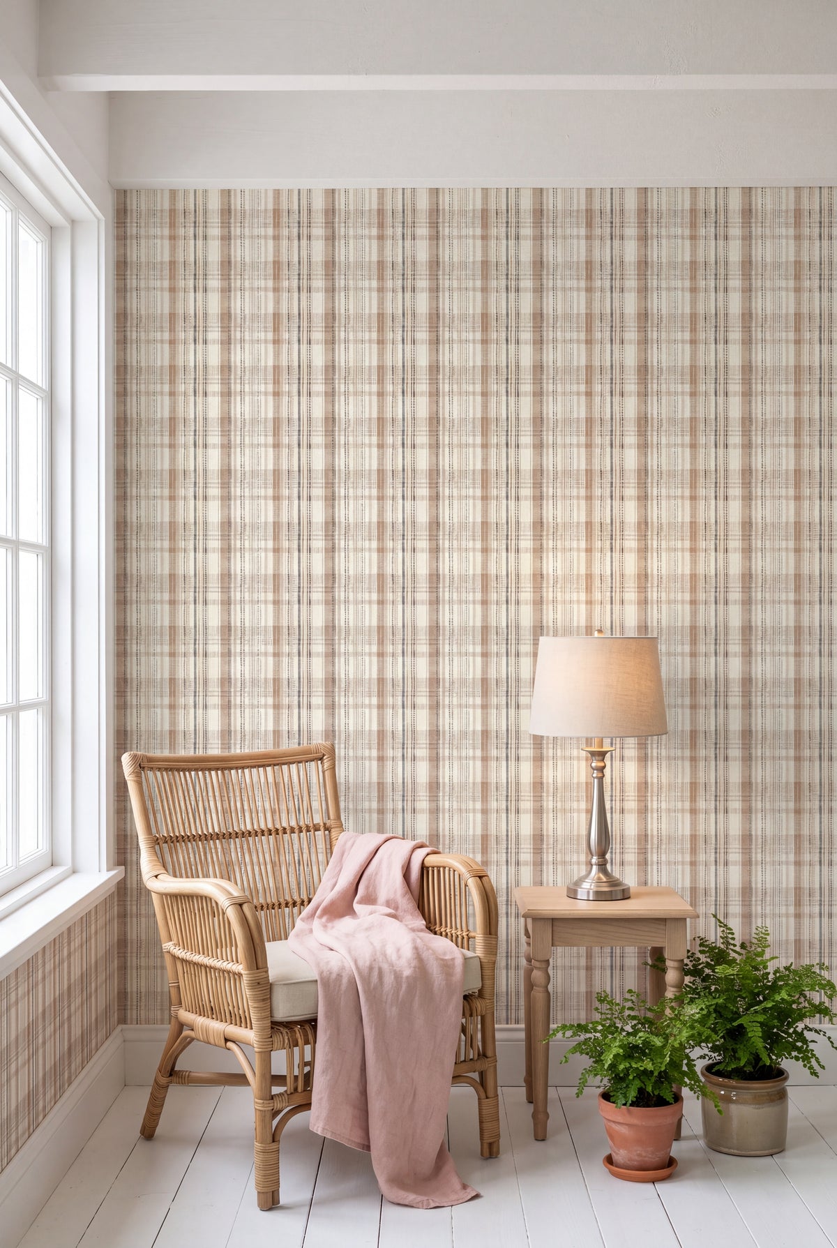 Blush Plaid wallpaper shown in a sunroom