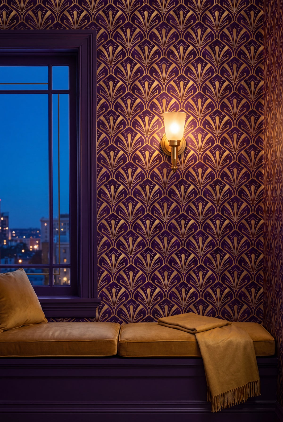 Amethyst Plume wallpaper shown in a window seat alcove