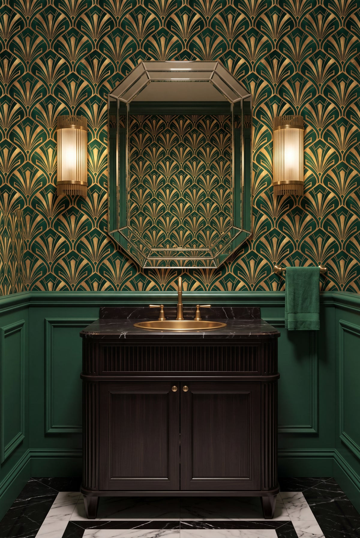 Emerald Plume wallpaper shown in a powder room