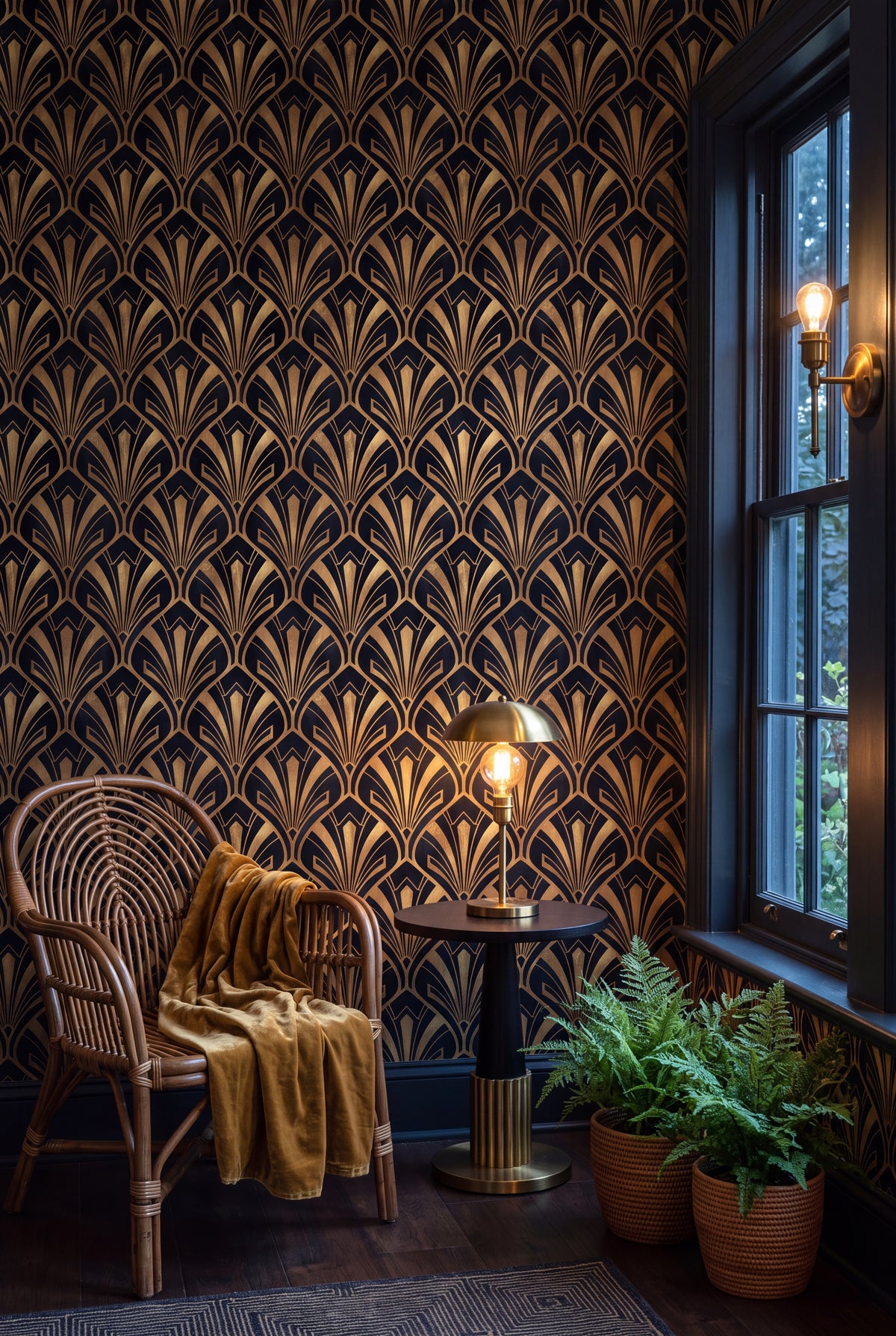 Onyx Plume wallpaper shown in a sunroom