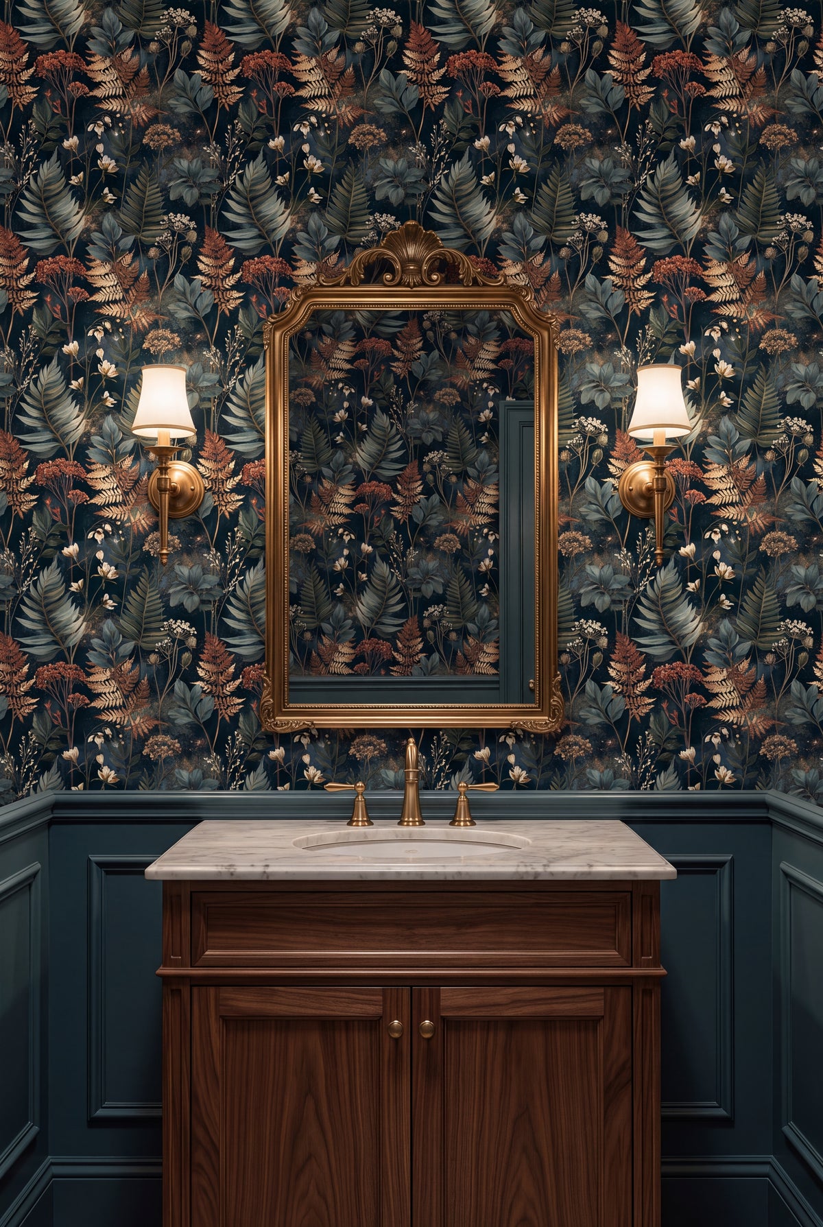 Coral Fernery wallpaper shown in a powder room