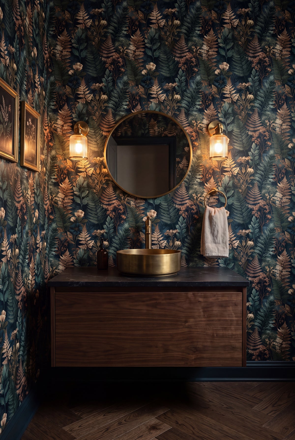 Golden Fernery wallpaper shown in a powder room