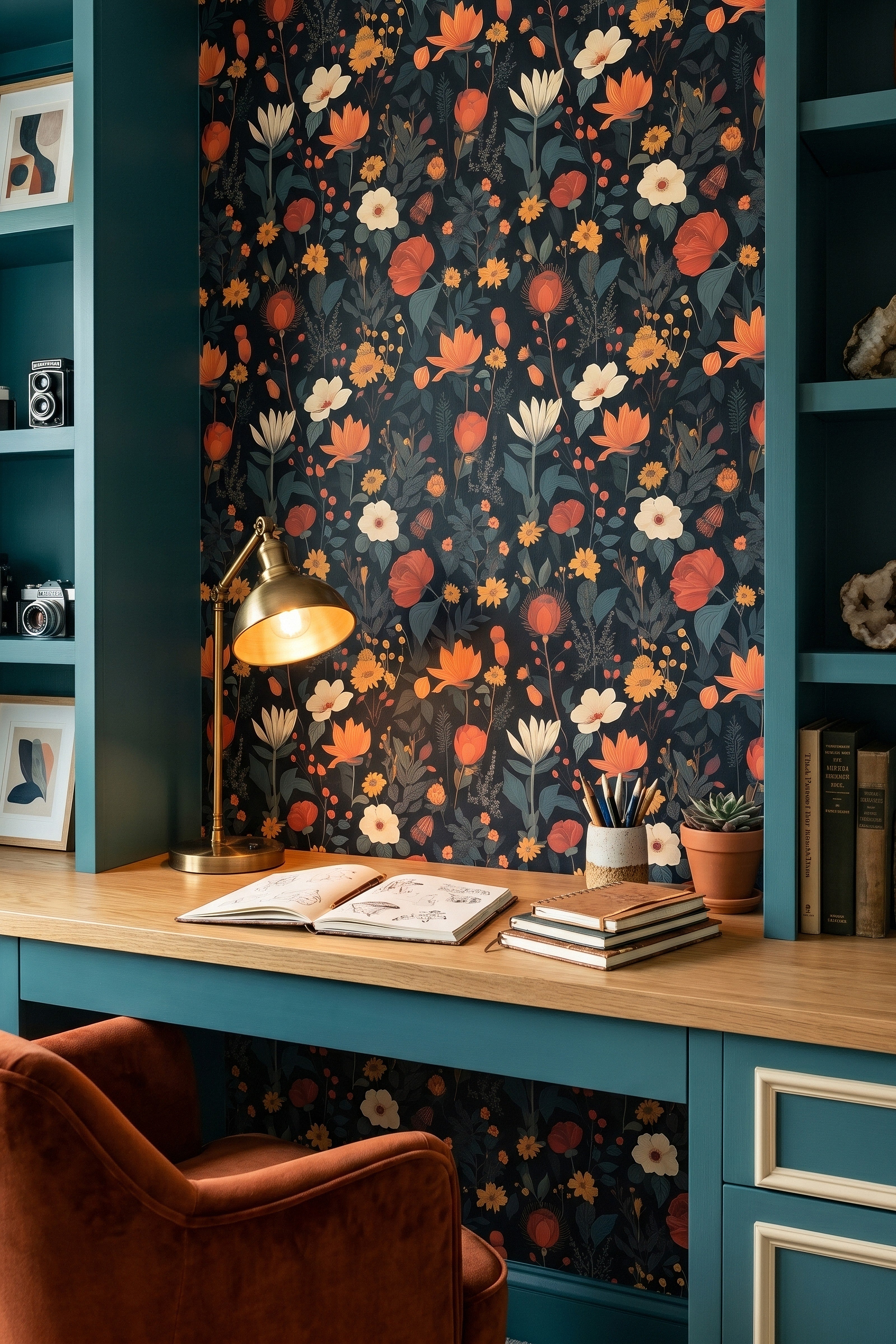 Midnight Bouquet wallpaper shown in a home office