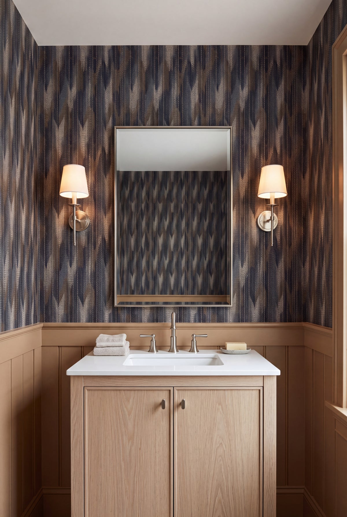 Tawny Weave wallpaper shown in a powder room