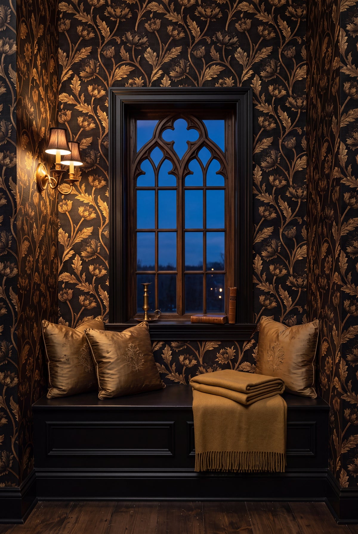 Brass Poppy wallpaper shown in a window seat alcove