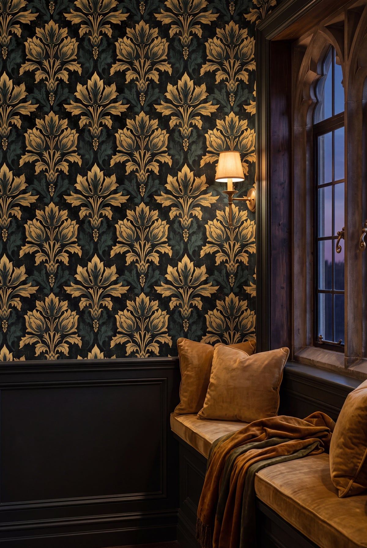 Abbey Gold wallpaper shown in a window seat alcove