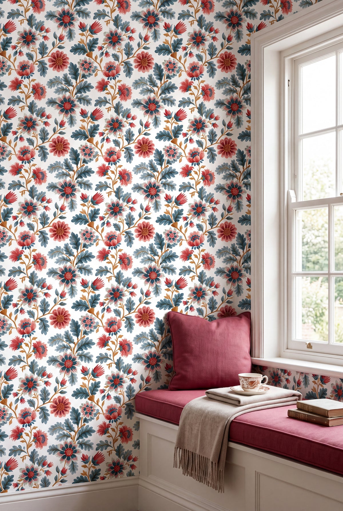 Cranberry Chintz wallpaper shown in a window seat alcove
