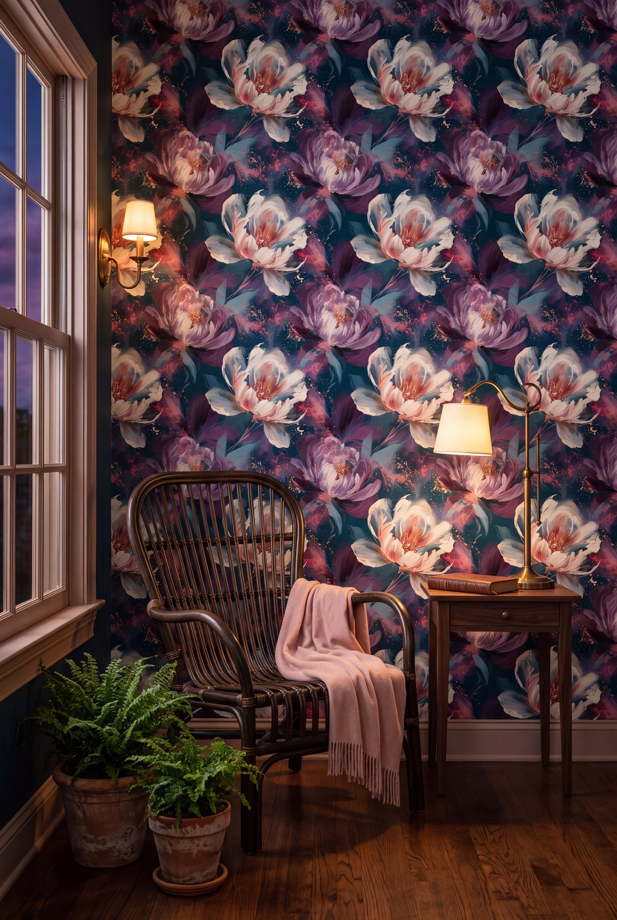 Nightfall Peony wallpaper shown in a sunroom