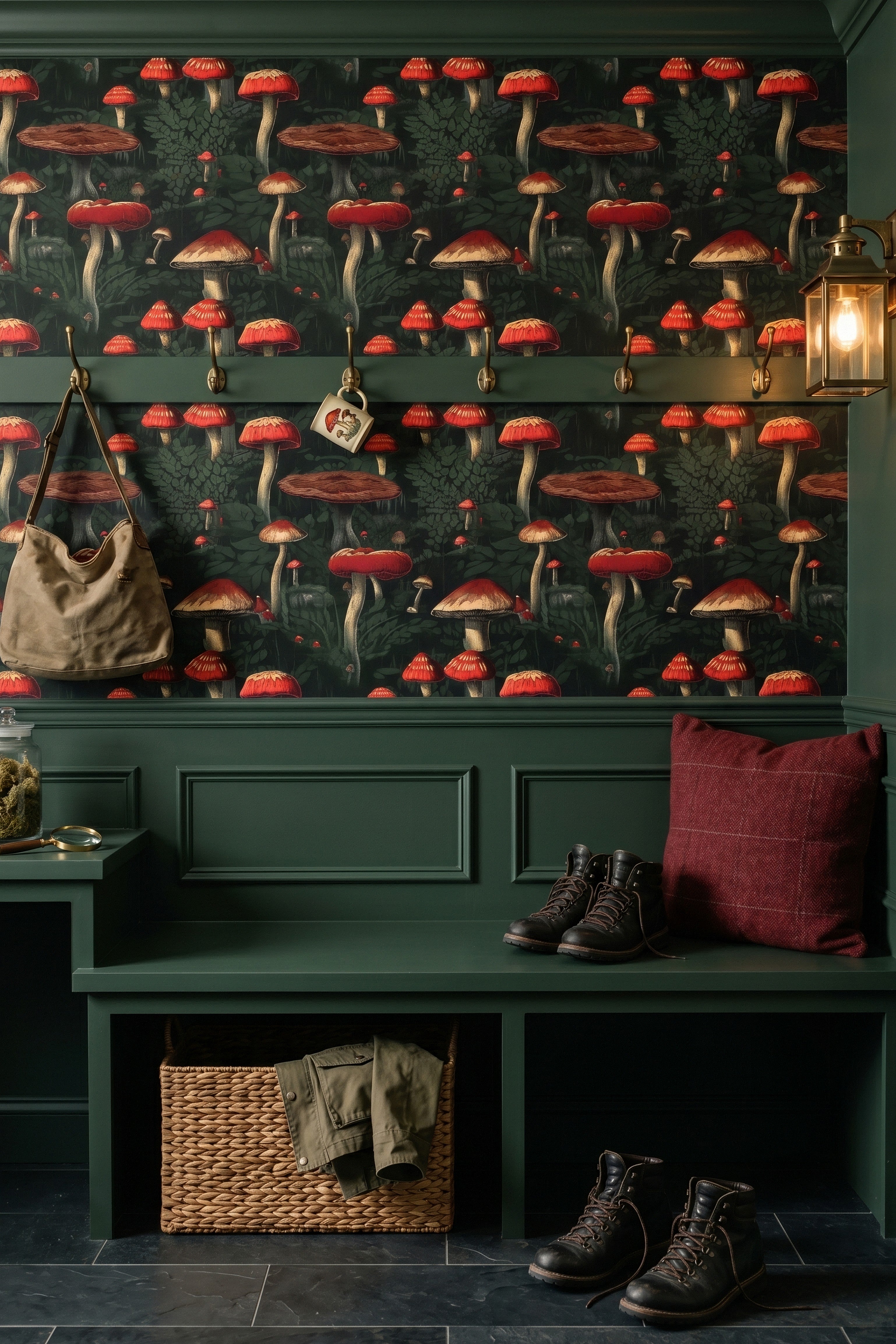 Crimson Cap wallpaper shown in a mudroom