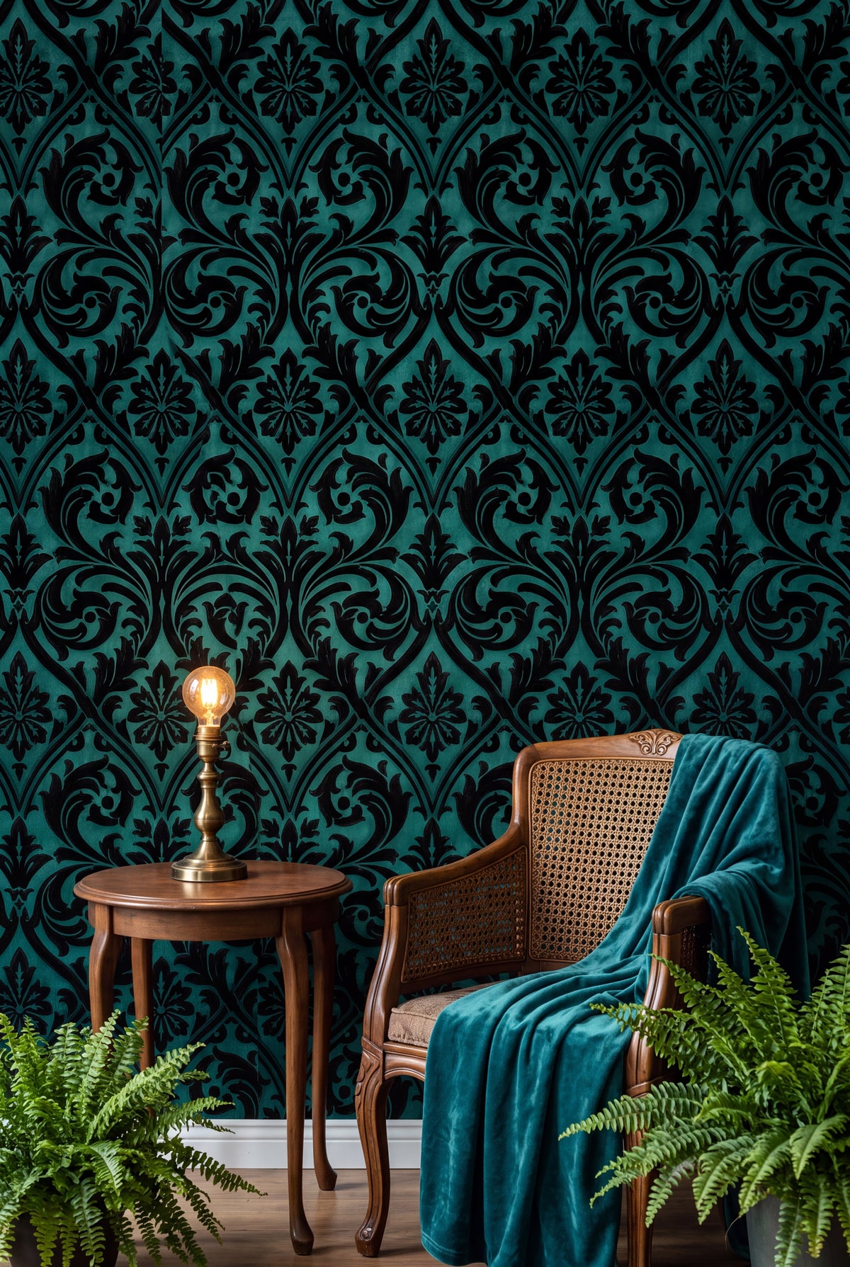 Teal Silhouette wallpaper shown in a sunroom