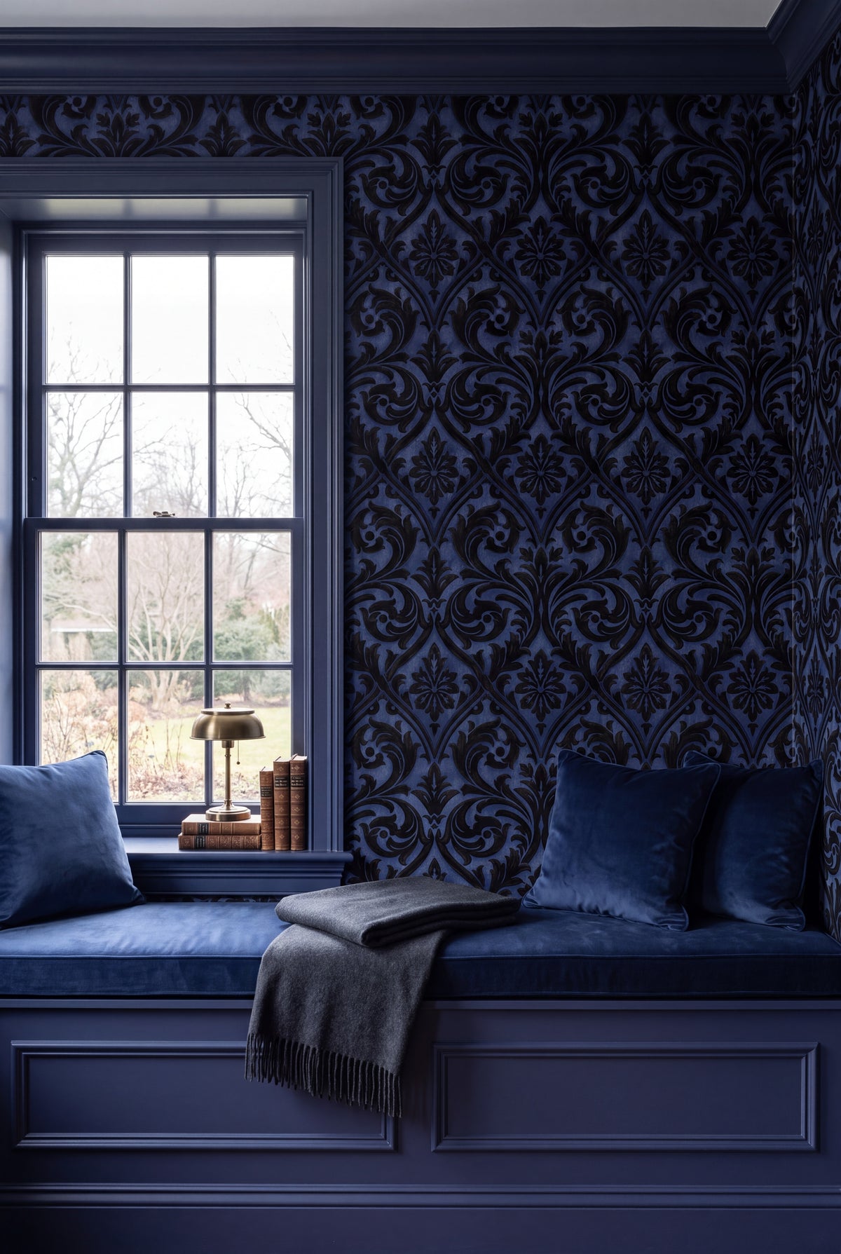 Indigo Silhouette wallpaper shown in a window seat alcove