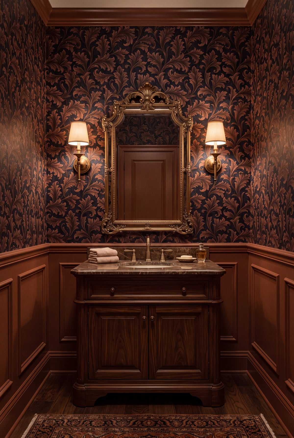 Copper Frond wallpaper shown in a powder room