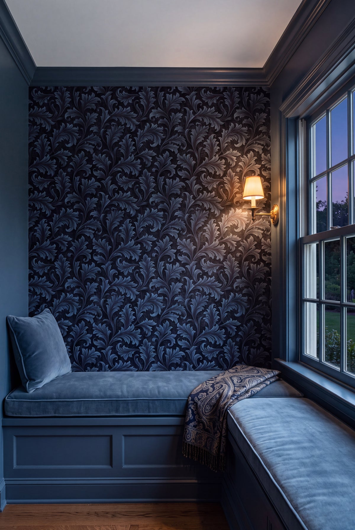 Steel Frond wallpaper shown in a window seat alcove