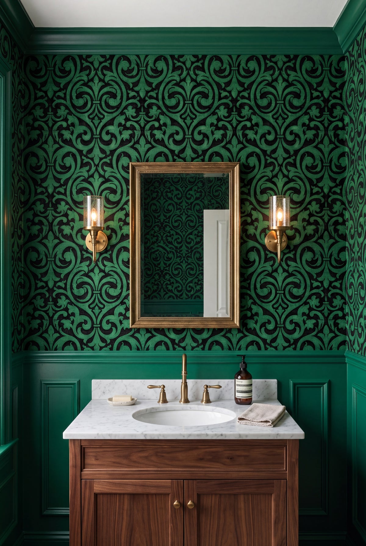 Emerald Fleur wallpaper shown in a powder room