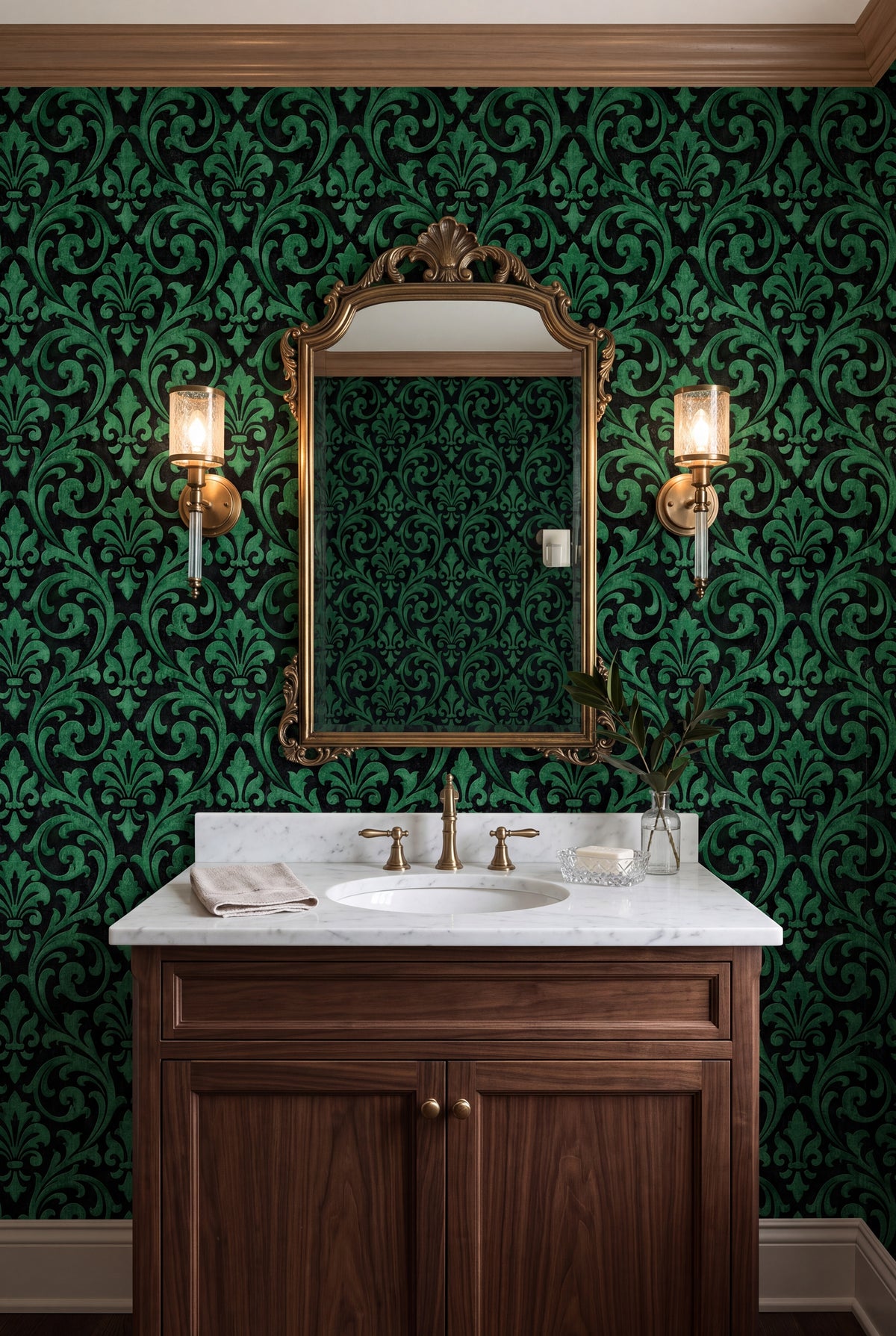 Jade Scrollwork wallpaper shown in a powder room