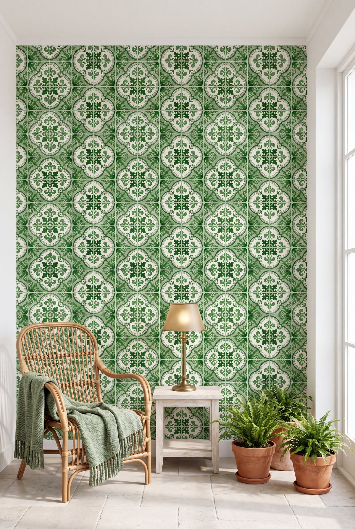 Sintra Green wallpaper shown in a sunroom