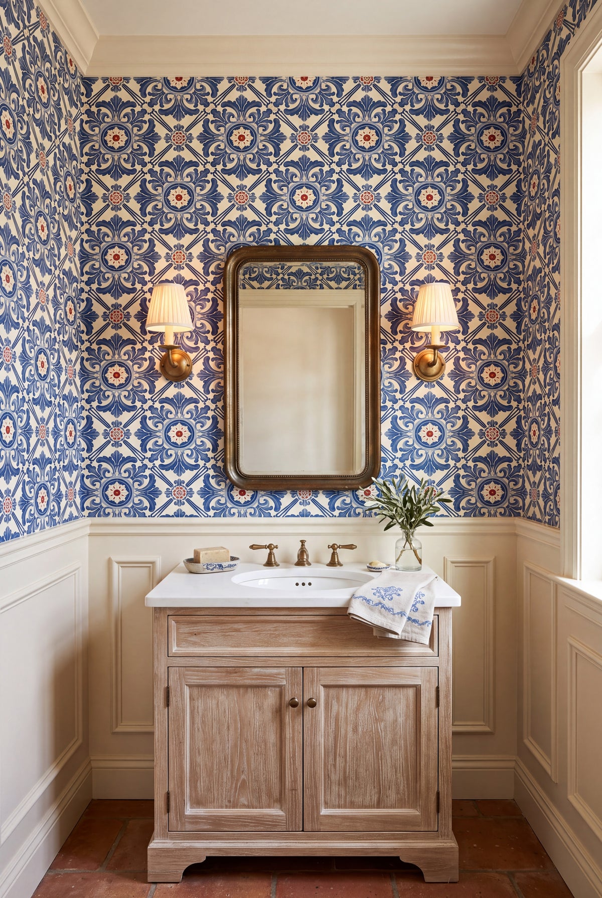 Coimbra Blue wallpaper shown in a powder room