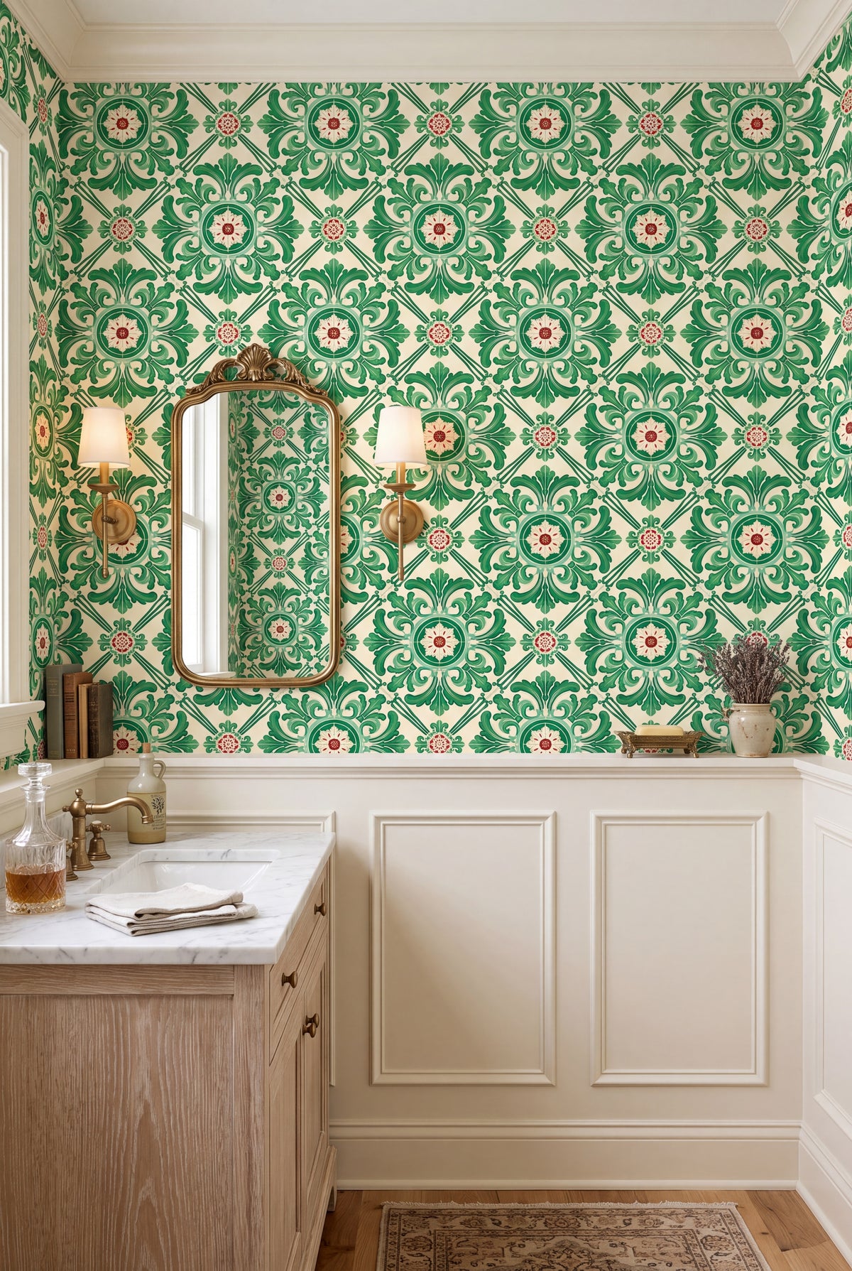 Coimbra Green wallpaper shown in a powder room
