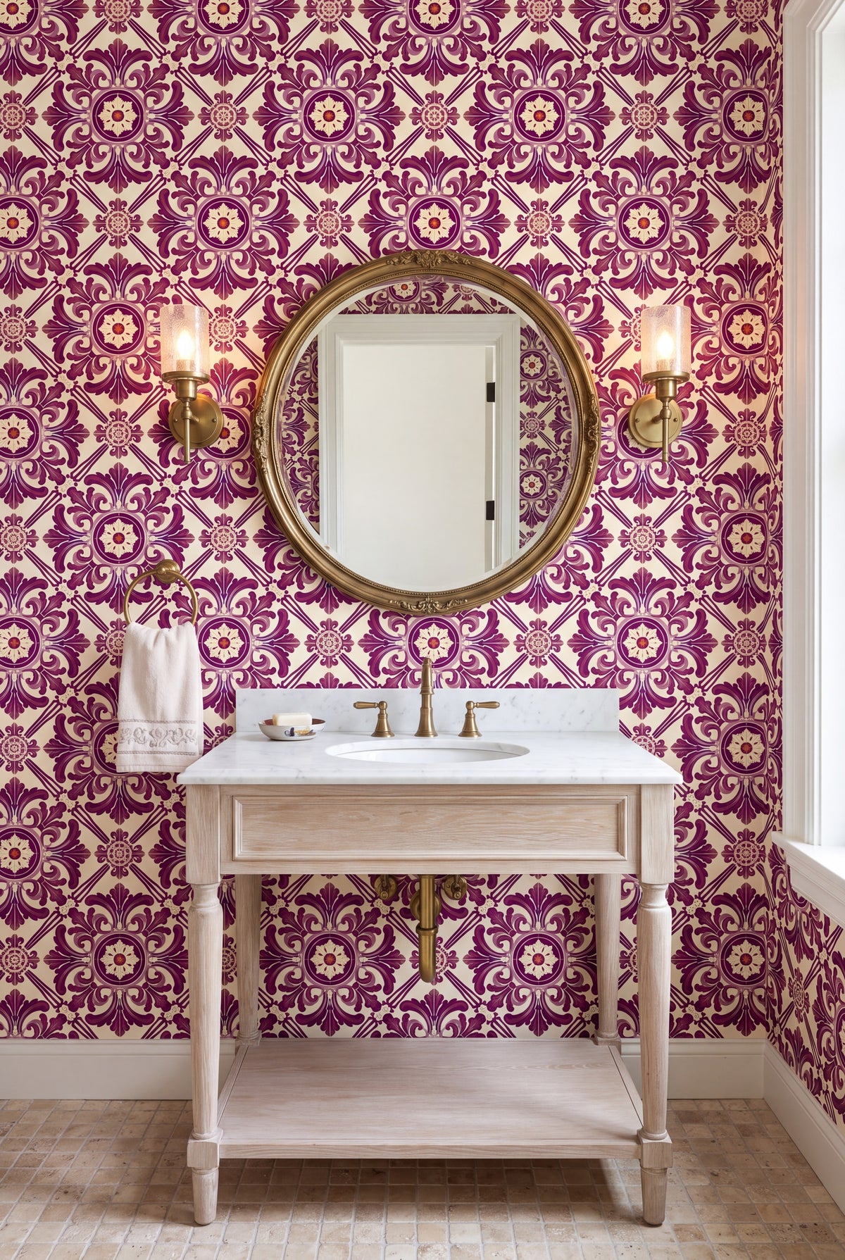 Coimbra Wine wallpaper shown in a powder room