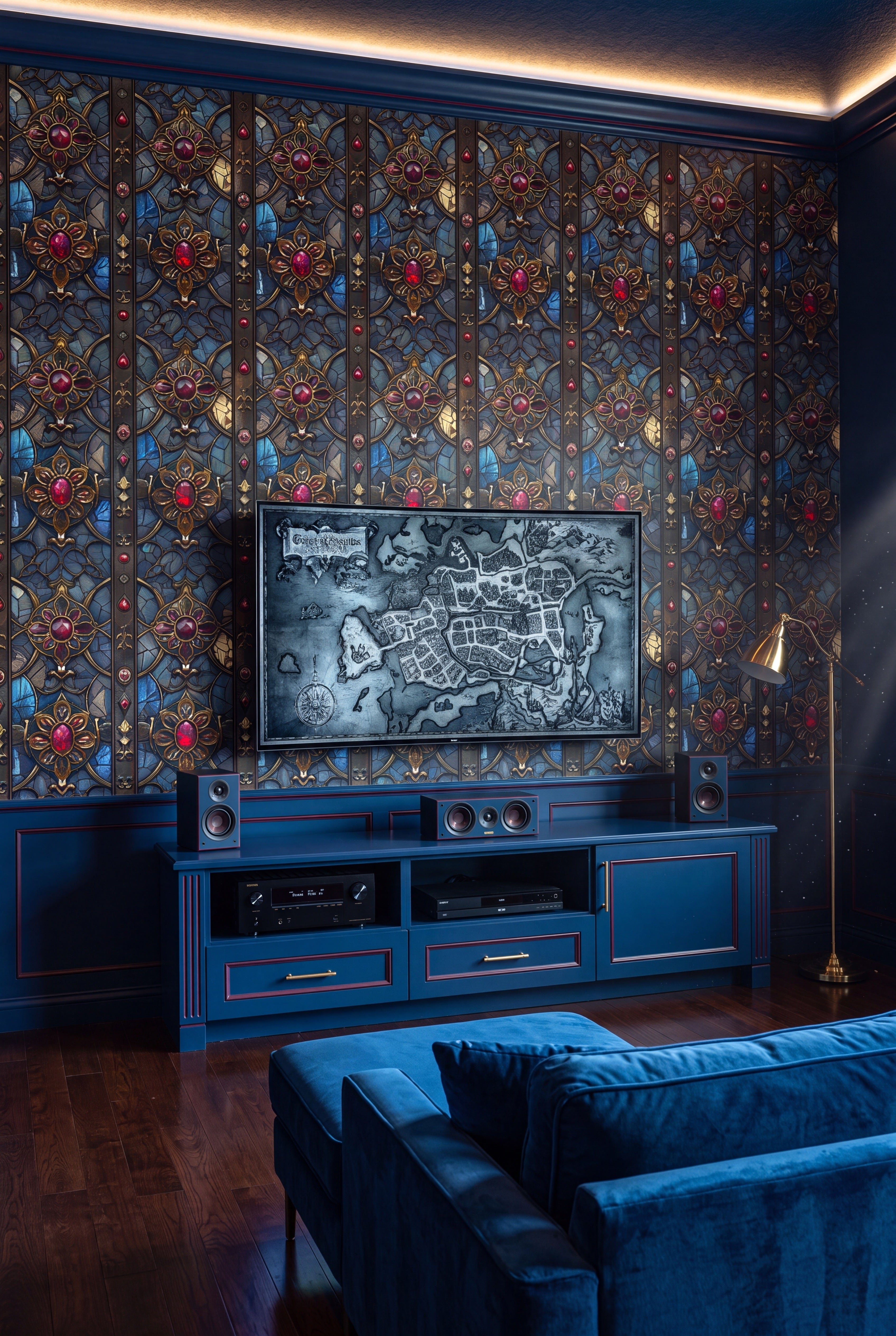 Rose Window wallpaper shown in a media room