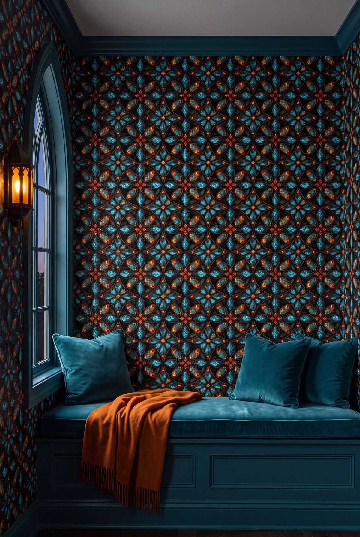 Teal Quatrefoil wallpaper shown in a window seat alcove