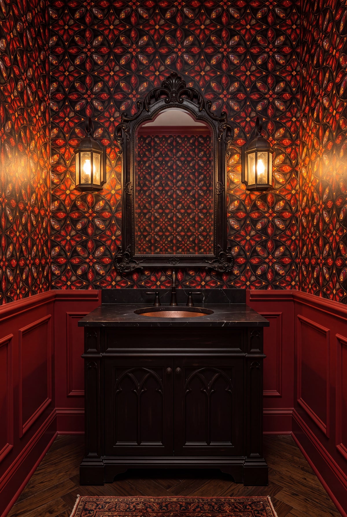 Crimson Quatrefoil wallpaper shown in a powder room