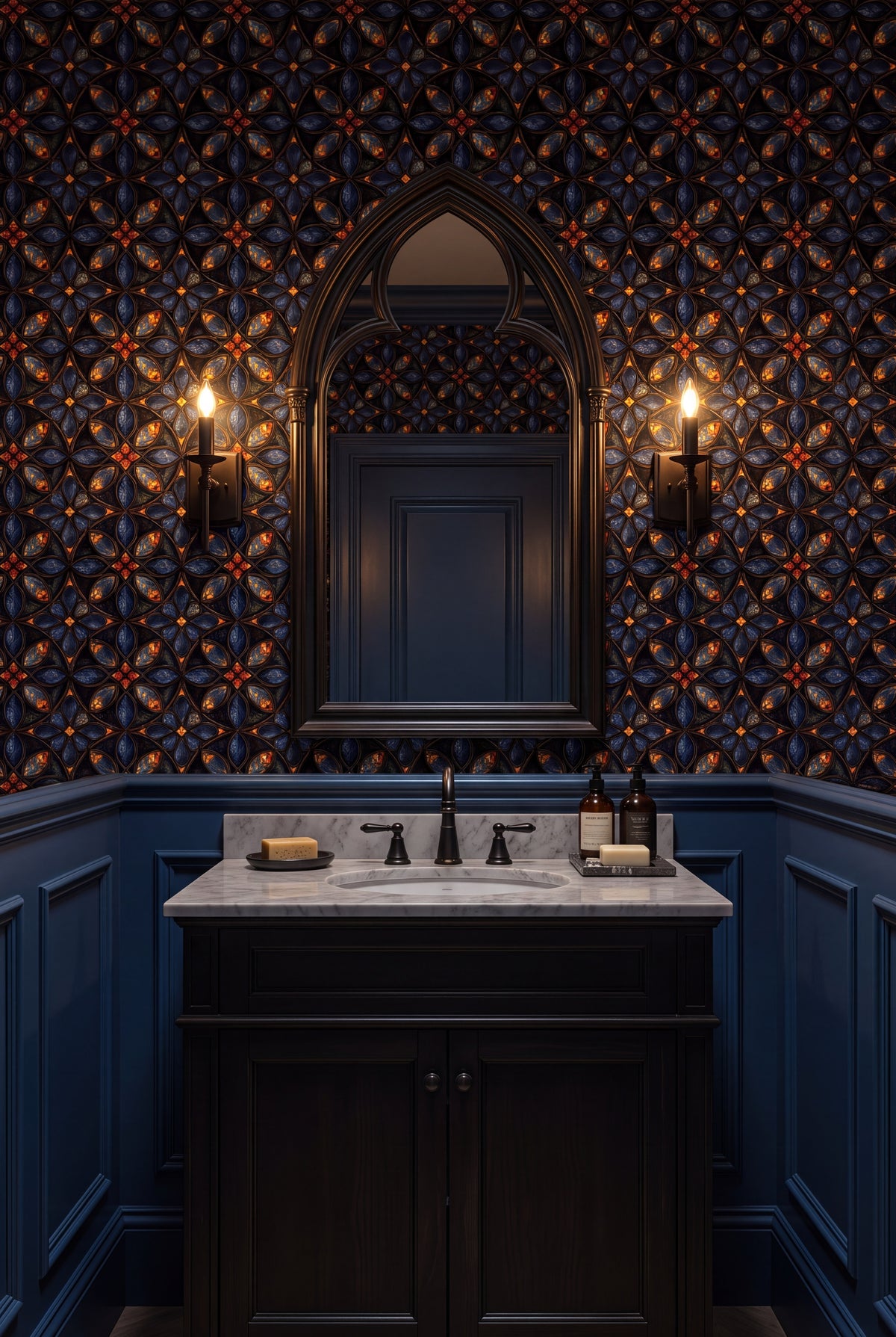 Sapphire Quatrefoil wallpaper shown in a powder room