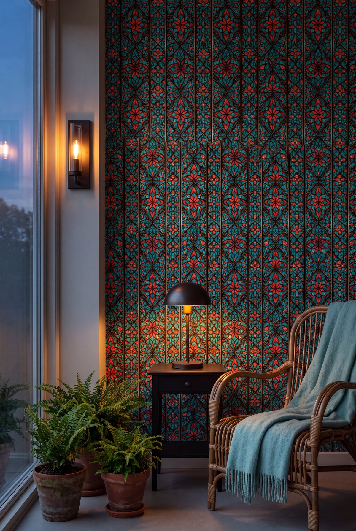 Cathedral Aqua wallpaper shown in a sunroom