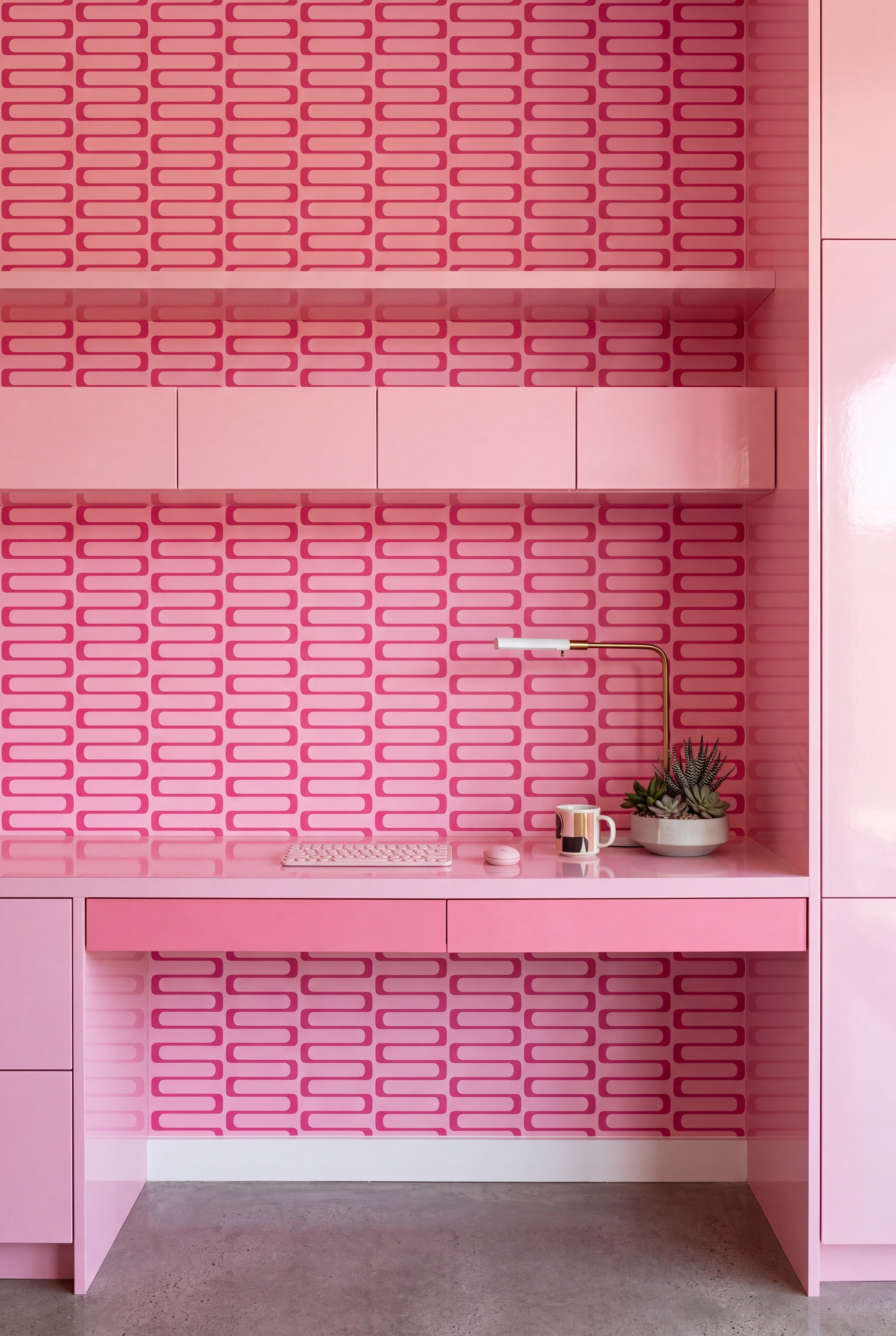 Palm Springs Pink wallpaper shown in a home office