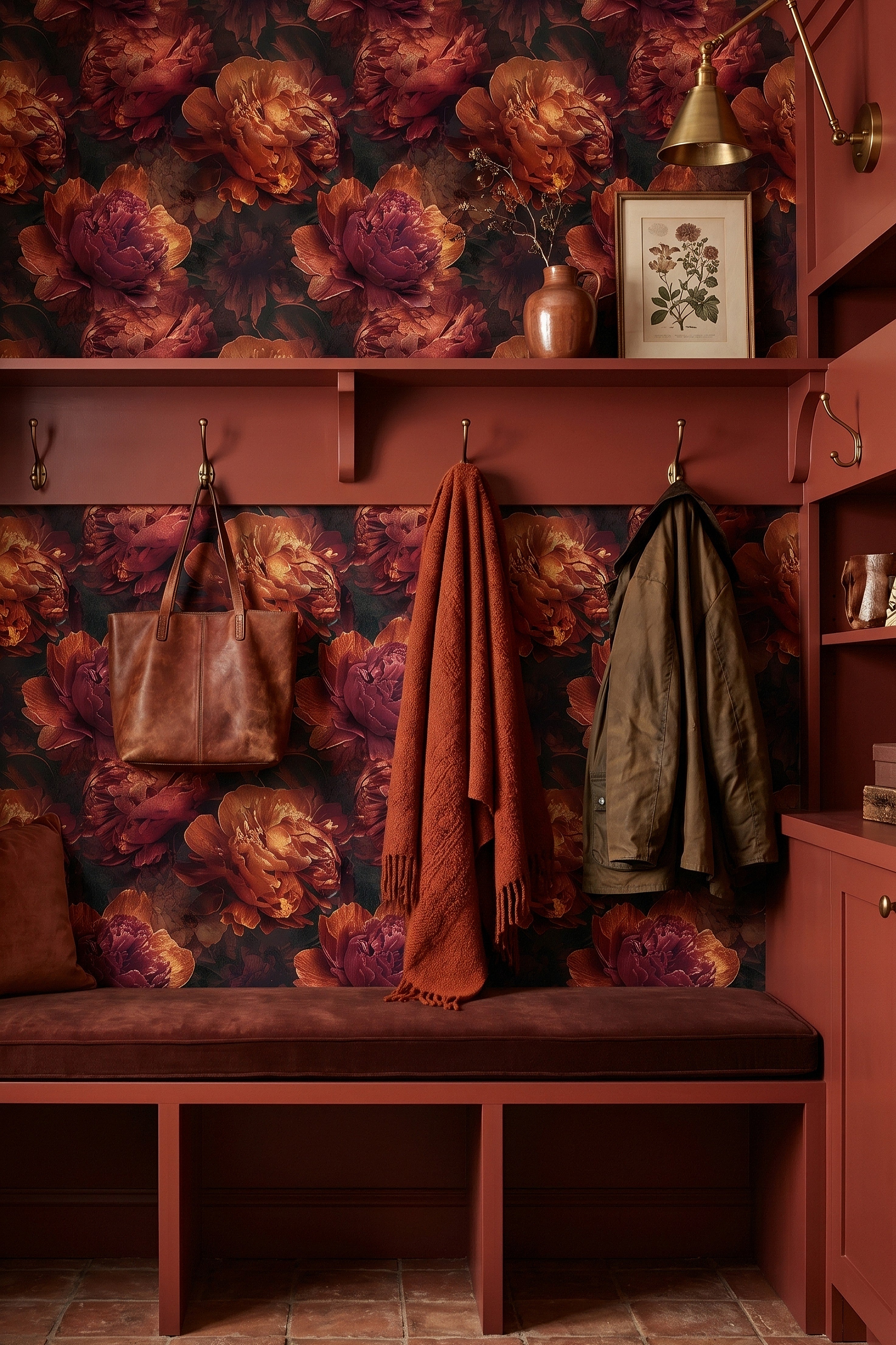 Velvet Peony wallpaper shown in a mudroom