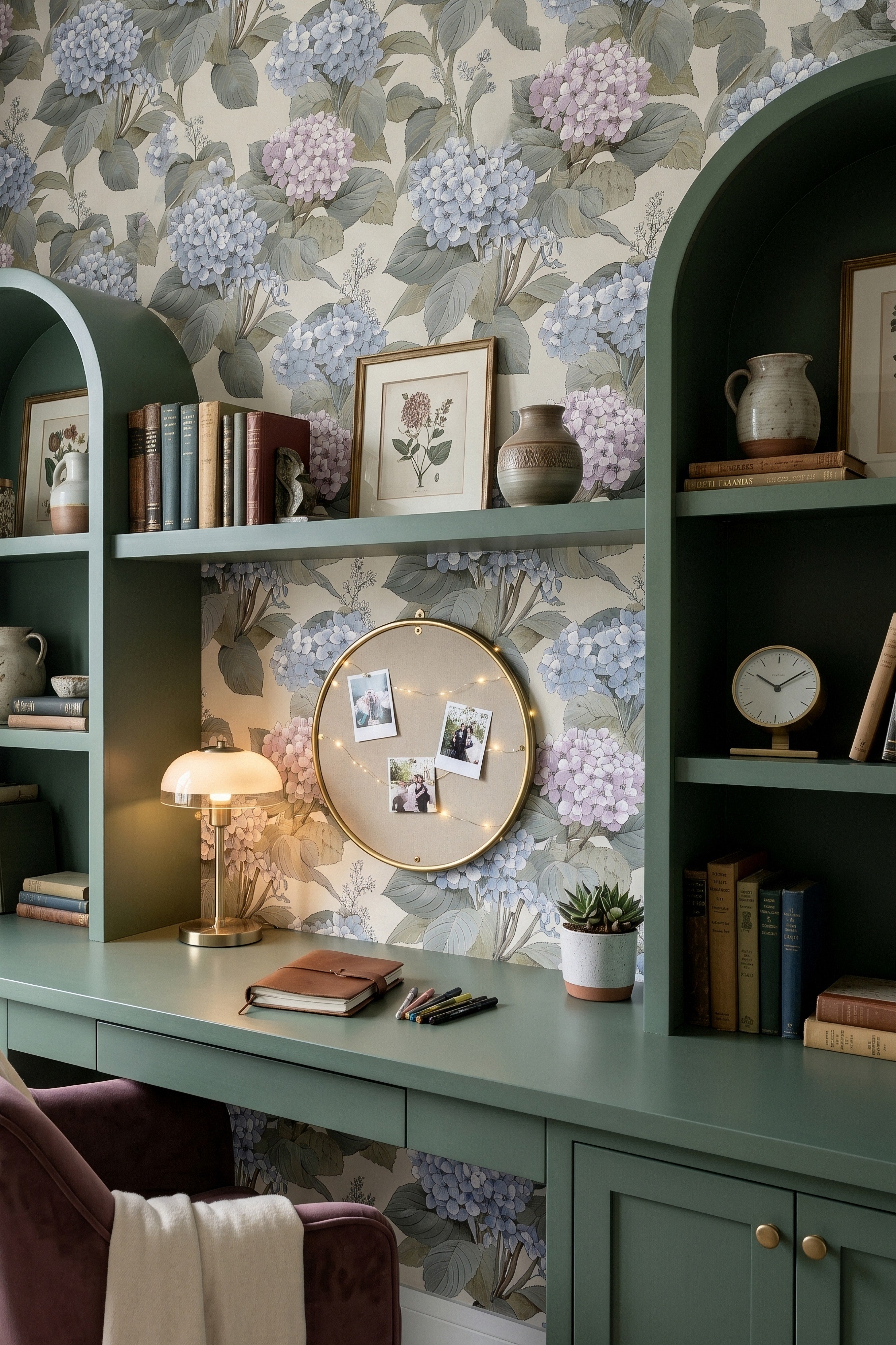 Hydrangea Lane wallpaper shown in a home office