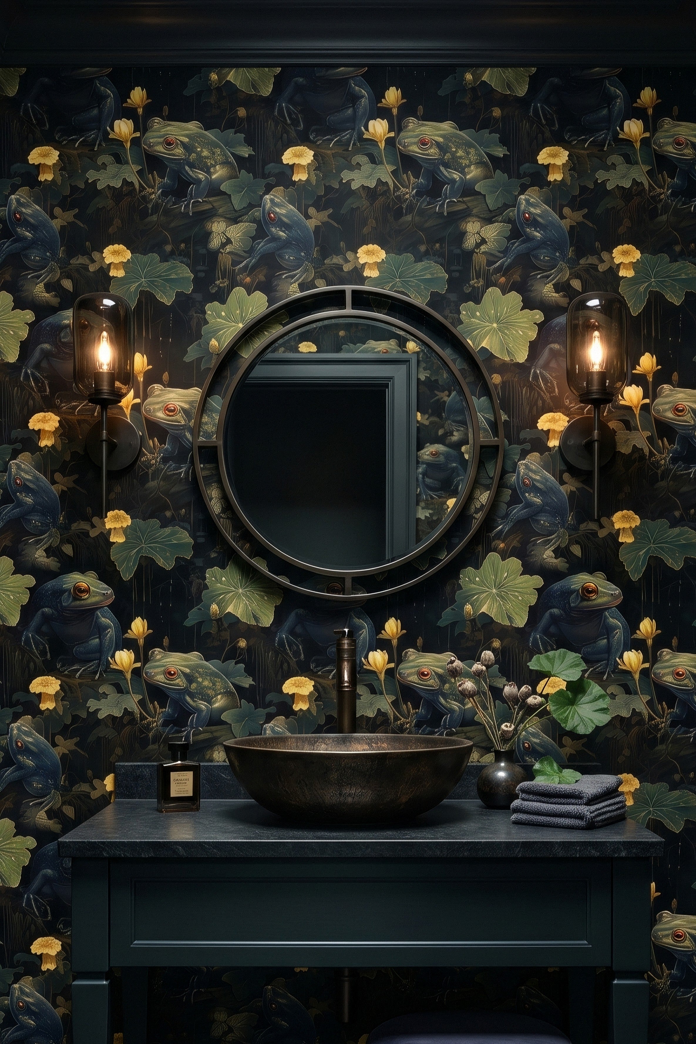 Pond Life wallpaper shown in a powder room