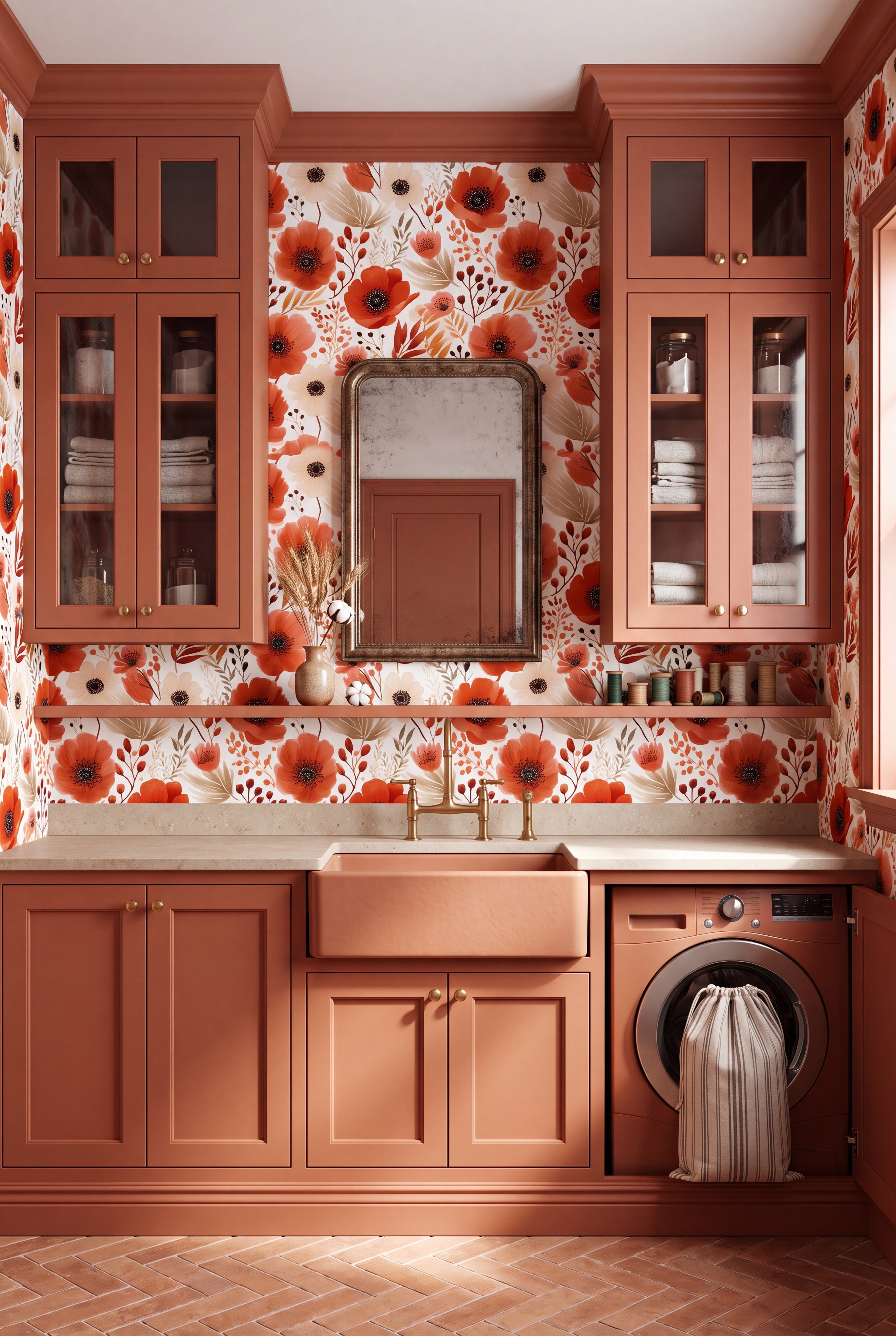 Homestead wallpaper shown in a laundry room
