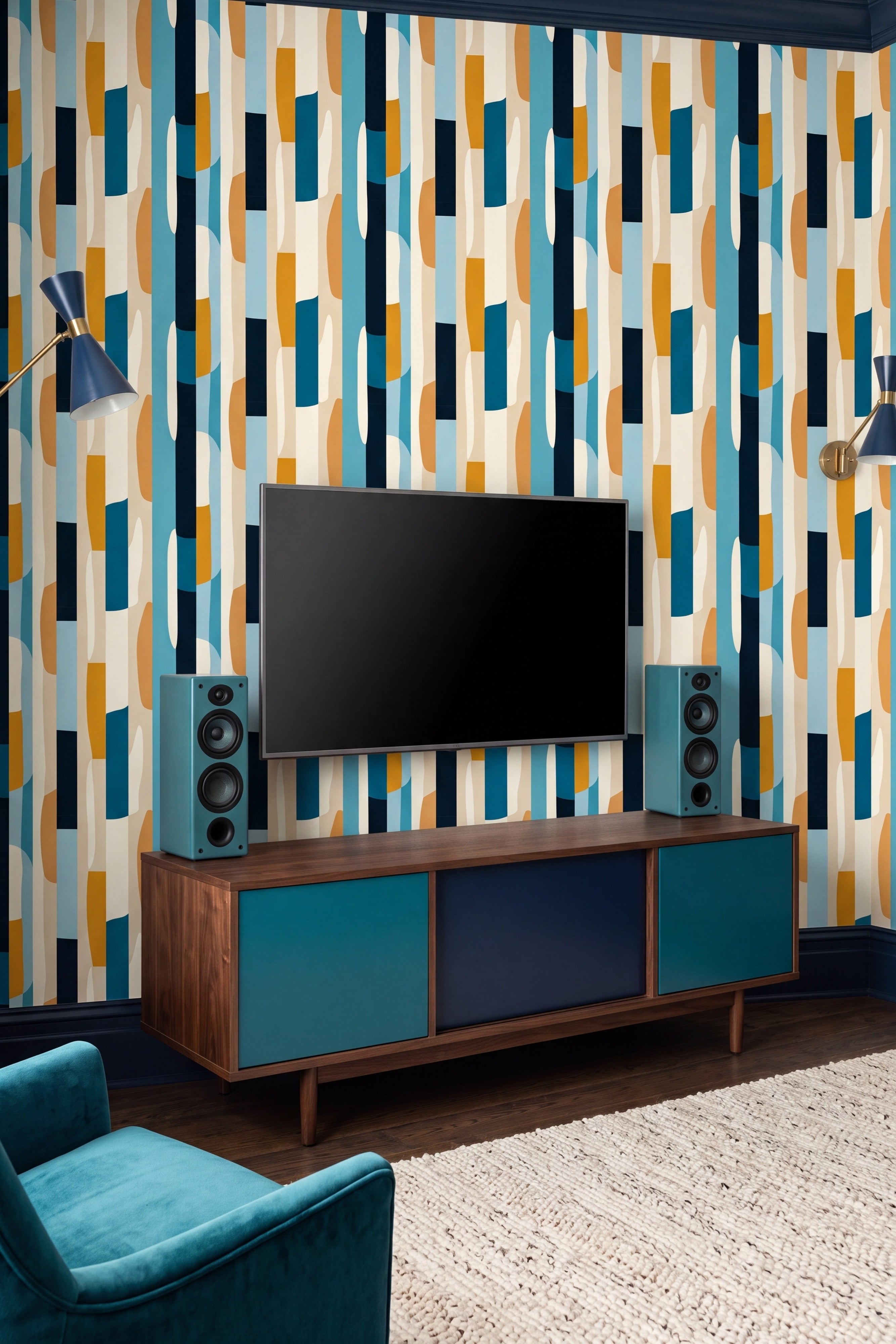 Mod Block wallpaper shown in a media room