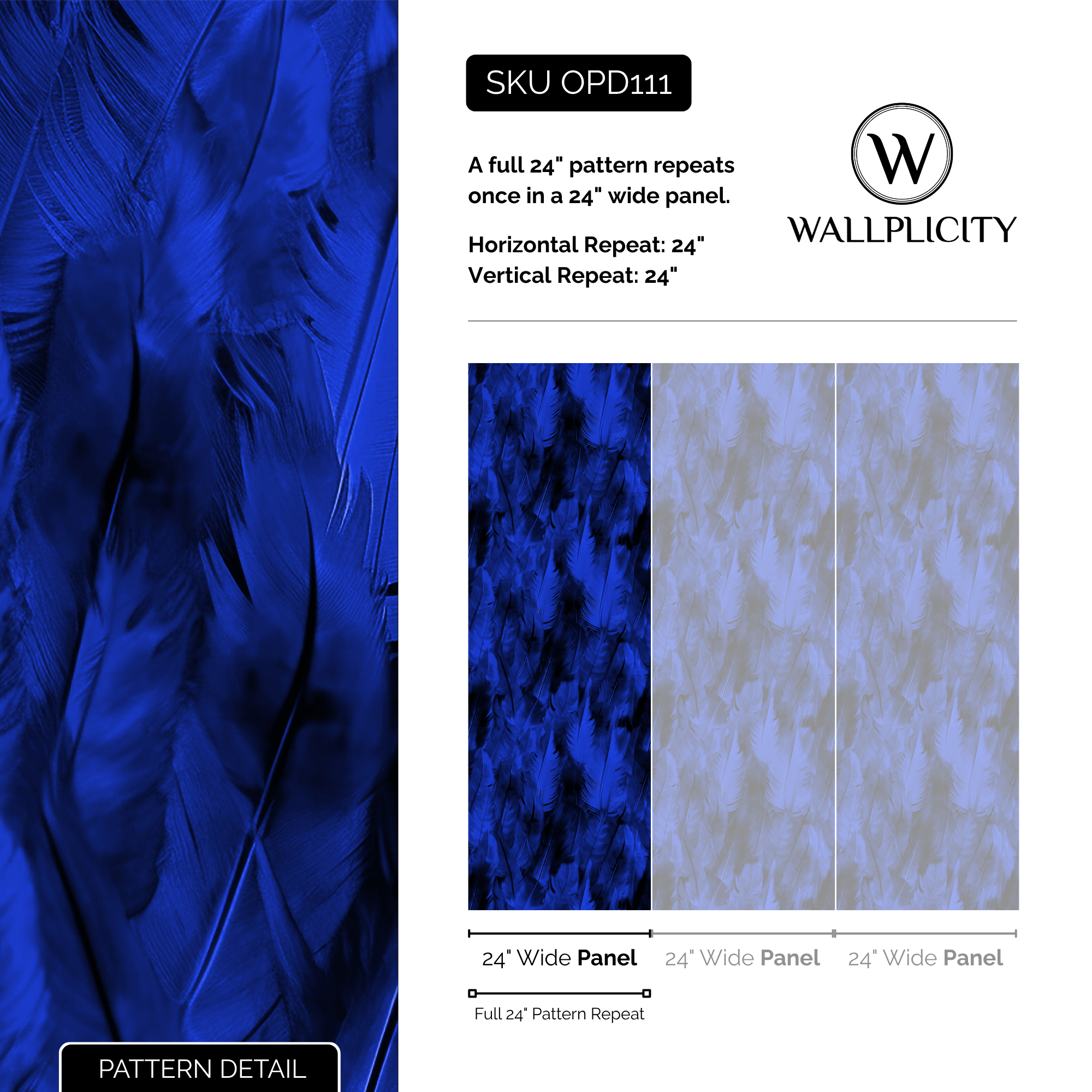 Cobalt Plume wallpaper pattern detail and repeat size